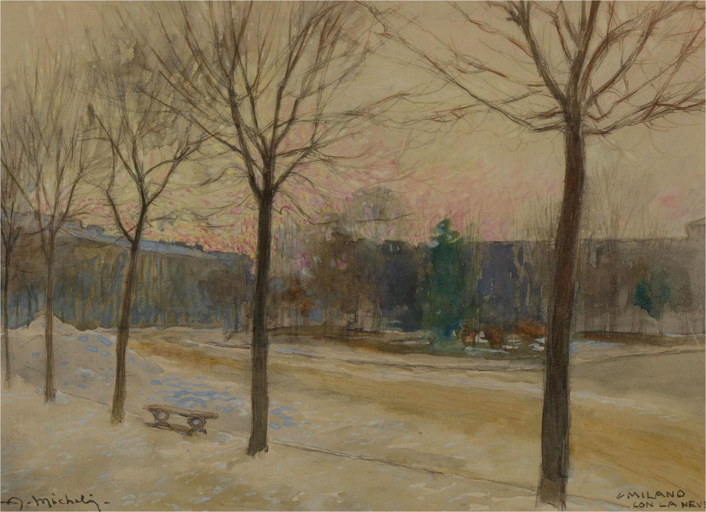 Alberto Micheli Pellegrini (1870-1943) - Acuarela, Milano con la Neve en venta 1
