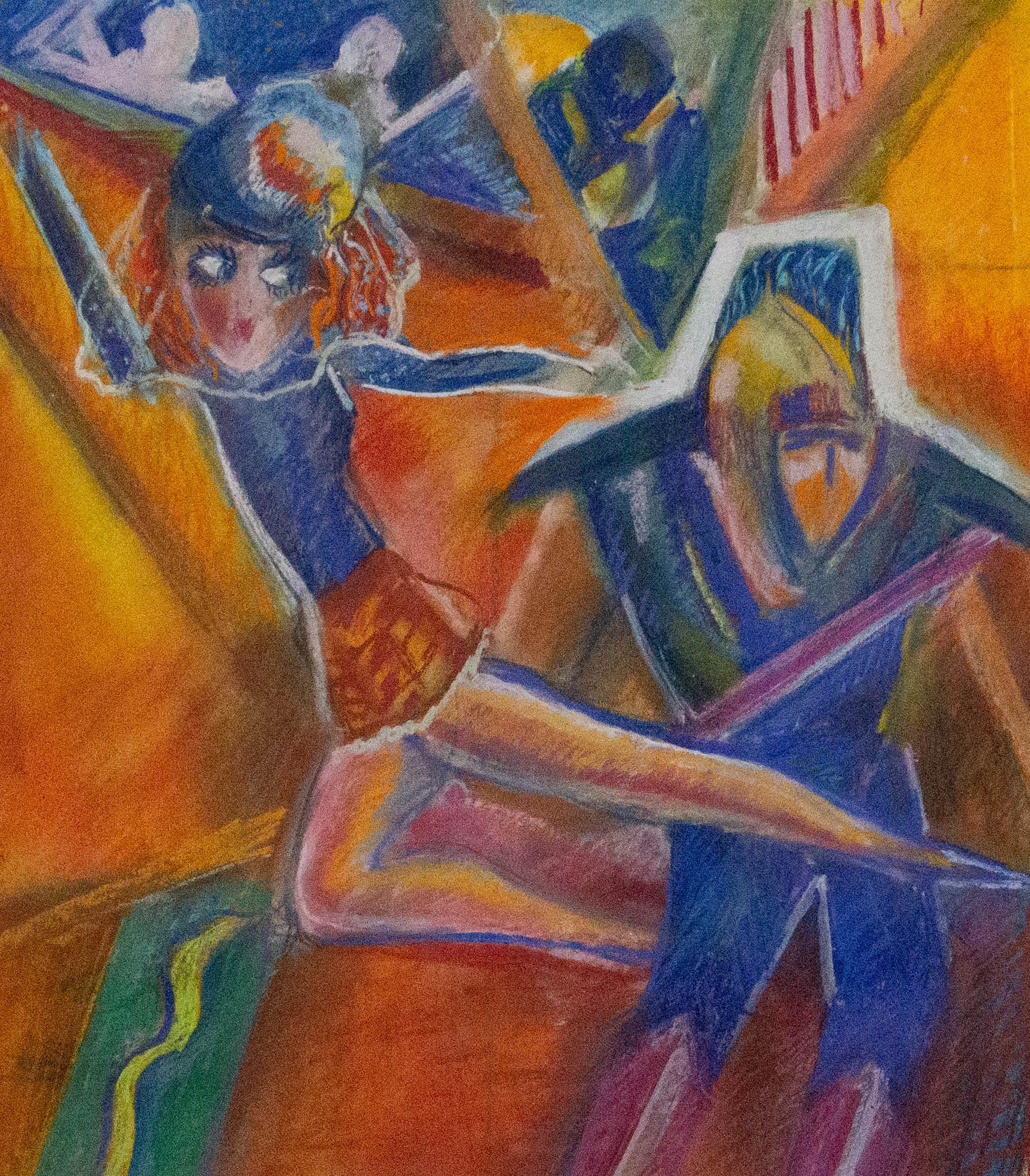 A vibrant and dynamic pastel scene showing a woman and a strange blue figure performing a circus routine, watched by faceless onlookers in the stands behind them. The artist's use of colour and movement makes this piece eye catching and bold. The