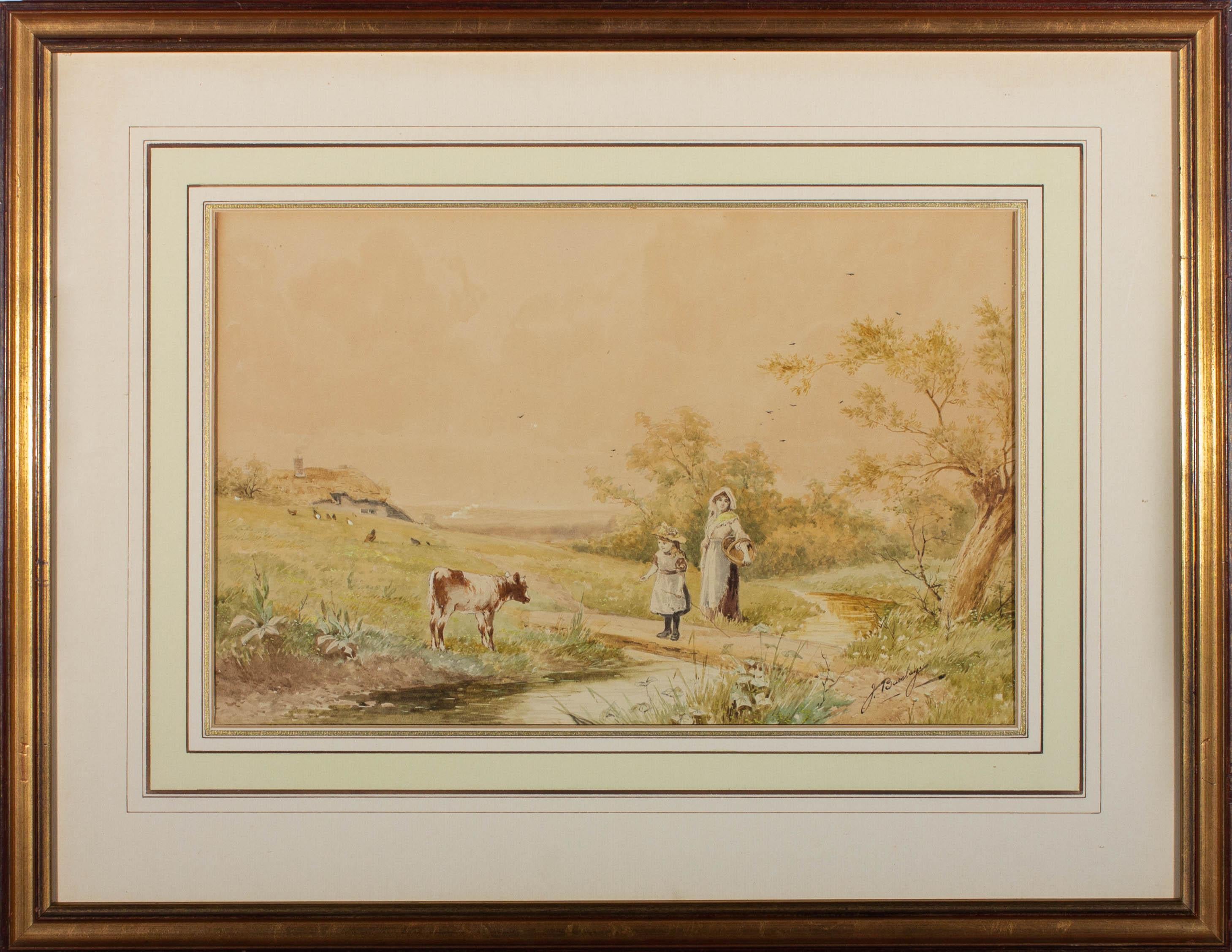 A delightful pastoral scene depicting a child beckoning a small calf towards her with a handful of food while her mother watches nearby. Signed to the lower right. Well presented in a gilt effect frame. On wove.
