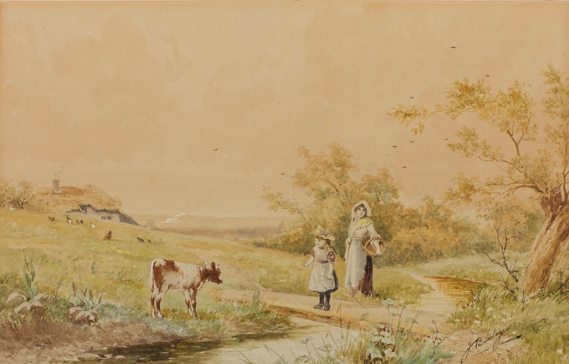 J. Barclay - Mid 19th Century Watercolour, Girl and Calf For Sale 1