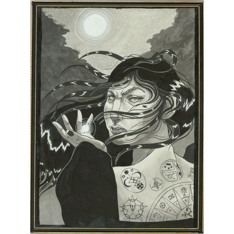 Eine ätherische und dunkle lavierte Federzeichnung, die eine schöne junge Frau zeigt, die sich in ihrer Wut die Kraft des Mondes zunutze macht. Ihr Rücken ist mit schützenden Siegeln bedeckt, während sie den Betrachter anschaut und ihr langes