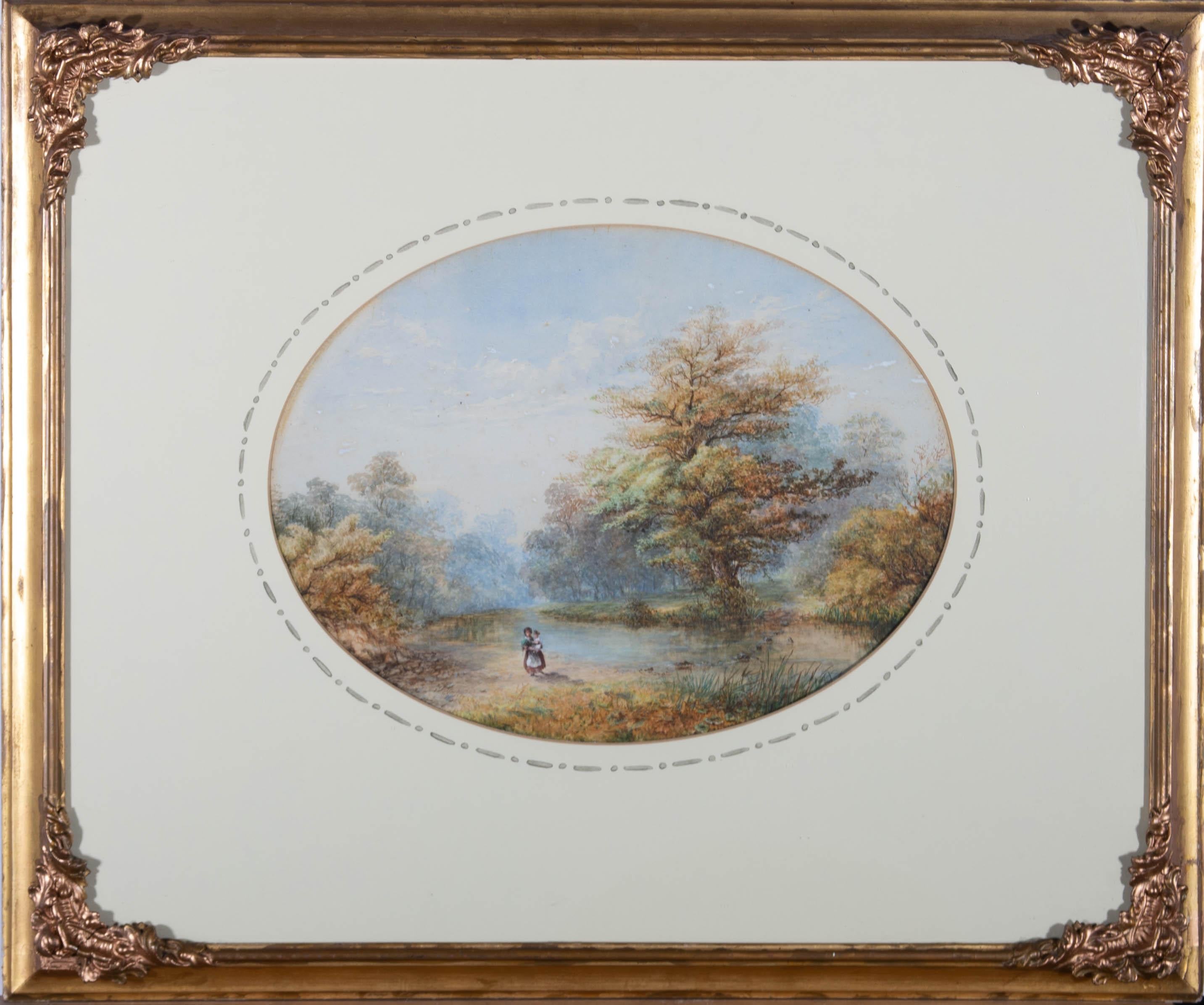 An idyllic rural landscape depicting a mother having just carried her child across the stepping stones on the nearby river. Presented on a cream mount with watercolour detailing and a gilt-effect wooden frame with ornate foliate moulding at the