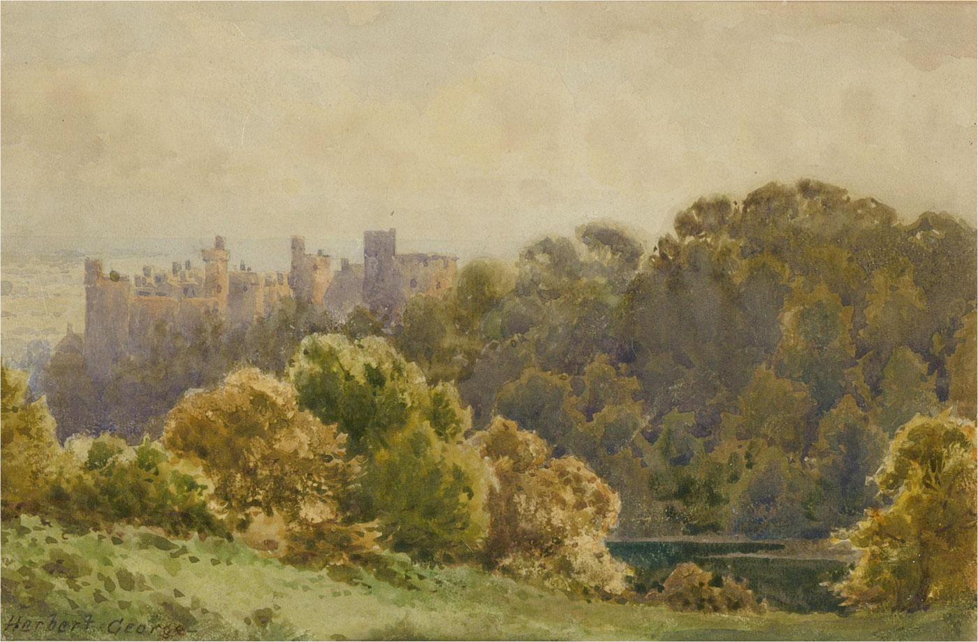 A verdant landscape with Arundel Castle visible above the treetops. Presented glazed in a wash line mount with gold detailing and a distressed gilt-effect wooden frame. Signed to the lower-left edge. On watercolour paper.
