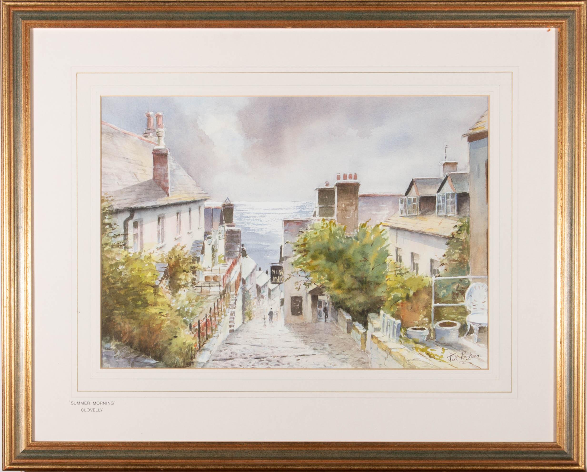 Une aquarelle accomplie avec des détails à la gouache par Jill Parker, représentant une vue de rue à Clovelly, Devon. Signé dans le coin inférieur droit. Il y a une étiquette d'artiste au dos. Le titre est inscrit sur le support. Bien présenté dans