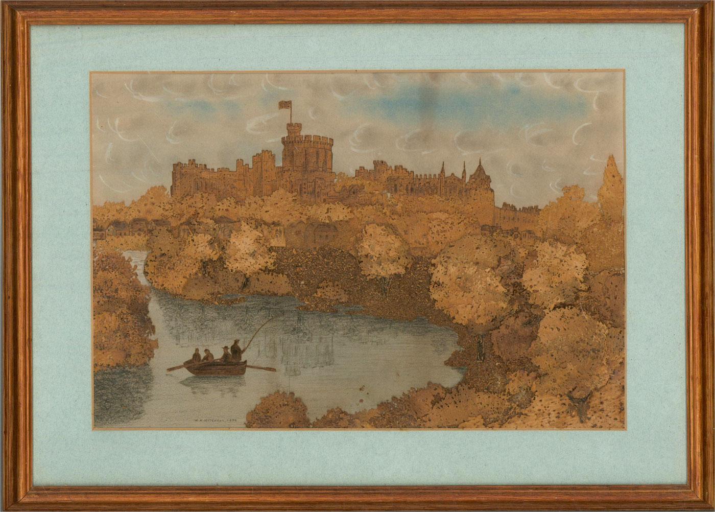 This delightful depiction of Windsor Castle incorporates an unusual three-dimensional twist. Using cork, the artist has collaged the terrain to depict the rough texture of the riverbank and the softness of the trees that sit in the foreground of the