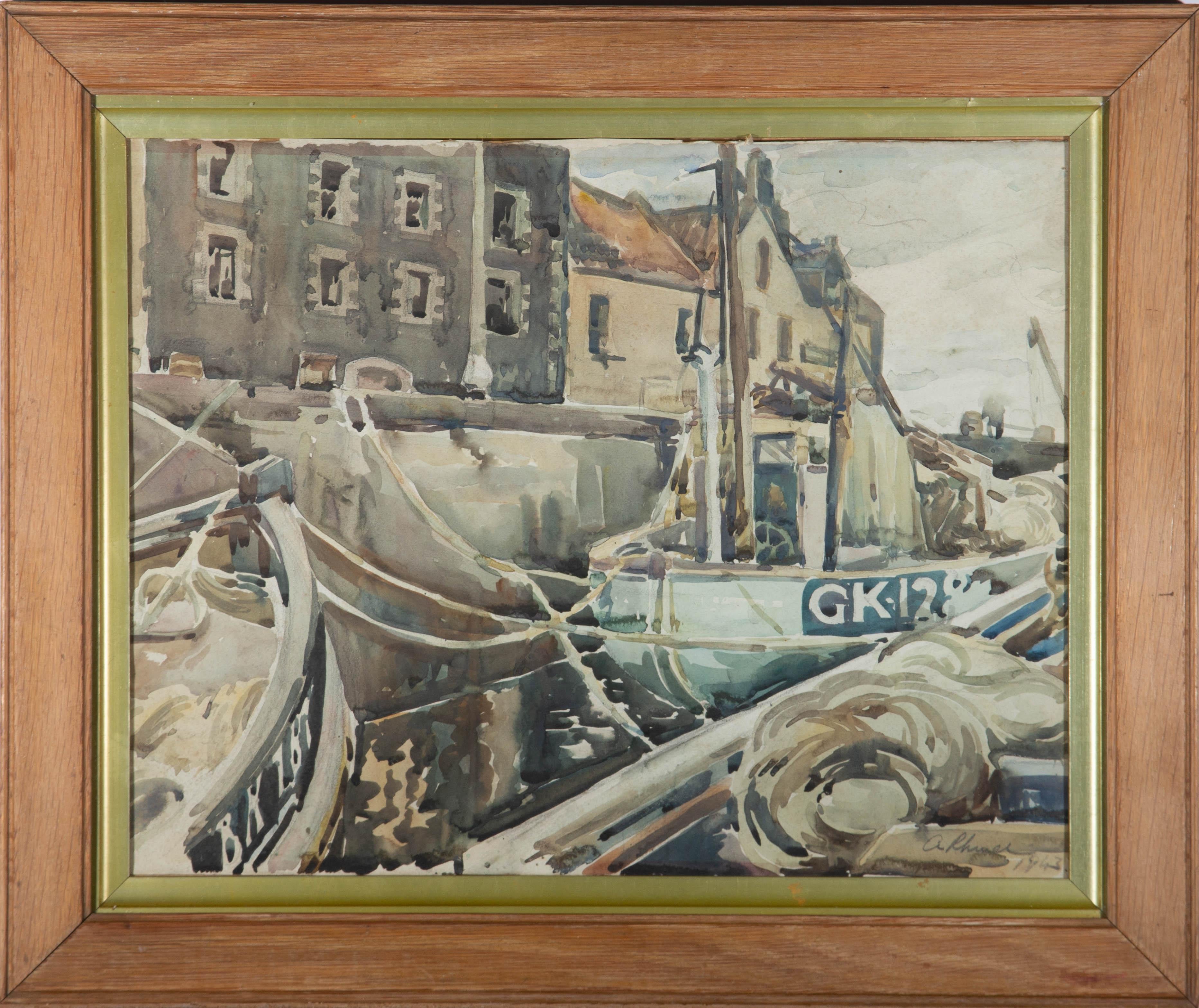 A rustic harbour scene viewed from the water, with boats moored on the pier. The artist has signed and dated to the lower right and the painting has been presented in a simple oak frame with and internal gilt slip. On wove.
