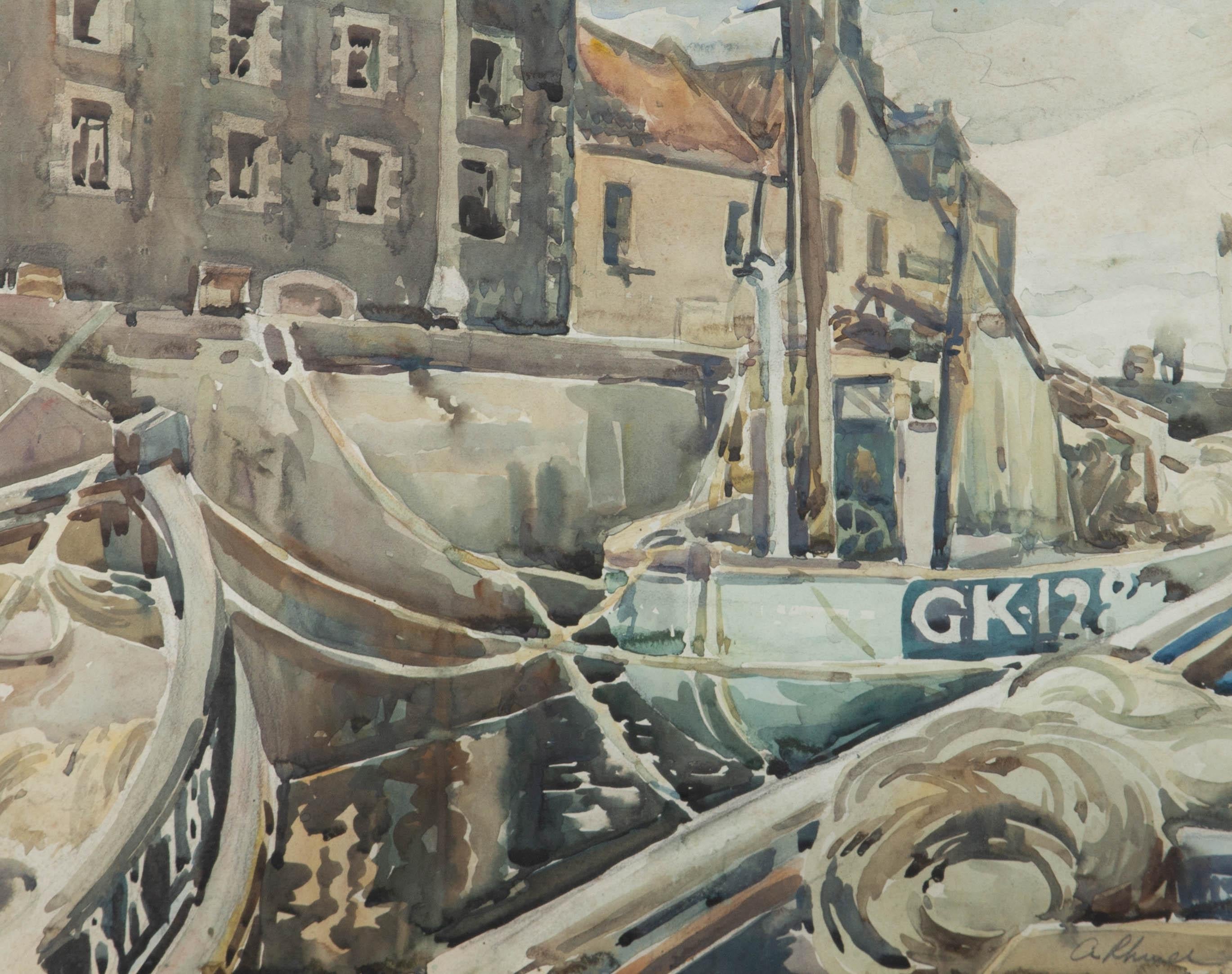 A. Rhiuel - 1943 Watercolour, Fishing Boats For Sale 1