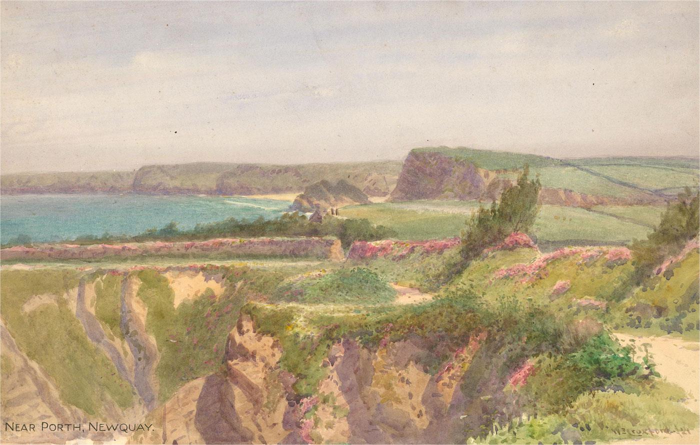Una lograda pintura a la acuarela con detalles al gouache del artista William Edward Croxford. Conocido por sus paisajes marinos, esta obra fue pintada en el estilo habitual del artista, representando un paisaje marino cerca de Porth, Newquay.