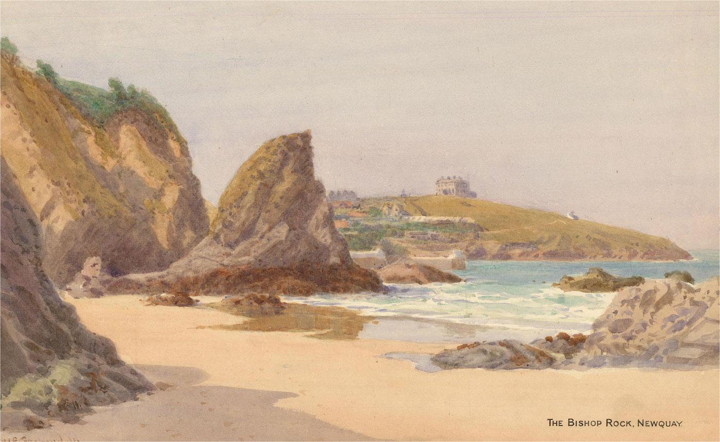 A fine and accomplished watercolour painting by the artist William Edward Croxford. Known for his marine landscapes, this work was painted in the artist's usual style, depicting a seascape at the Bishop's Rock, Newquay. Signed and dated to the lower