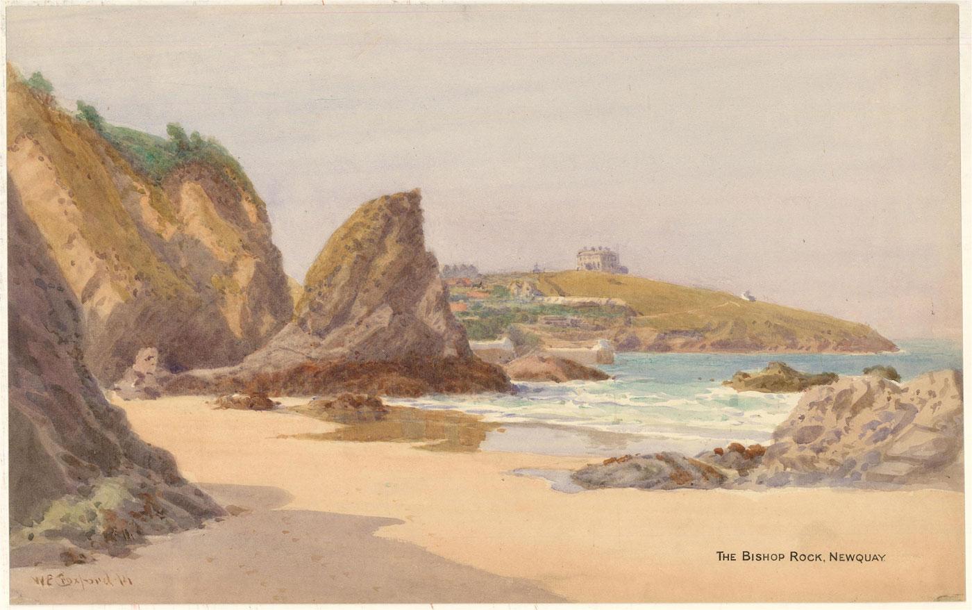 William Edward Croxford (1852-1926) - 1921 Watercolour, The Bishop Rock, Newquay For Sale 1