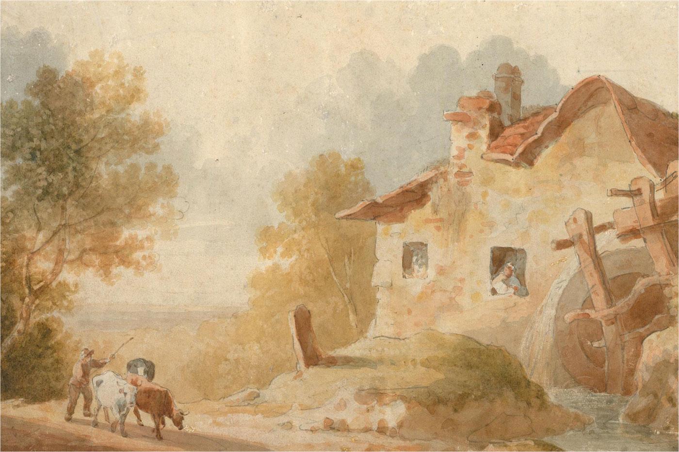 A fine bucolic watercolour showing a farmer, driving home two bulls towards and old watermill. The artist has captured beautifully idyllic light that illuminates the rustic mill building and adds a feel of early Autumn afternoon to the piece. On