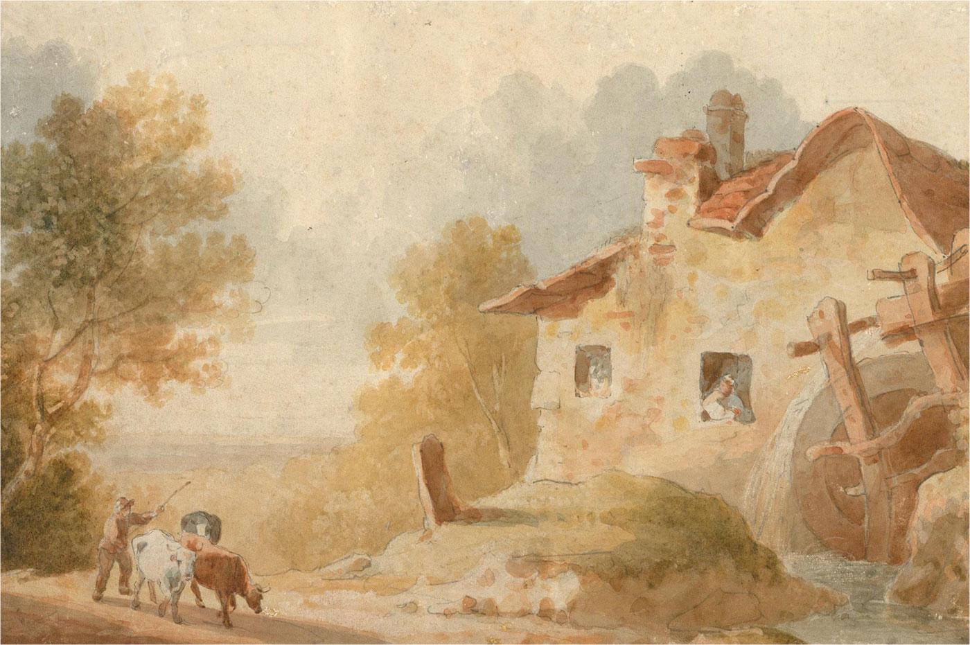 Seguidor de George Morland (1762-1804)-Acuarela de principios del siglo XIX, Ganado que regresa - Landscape Art Beige de Follower of George Morland