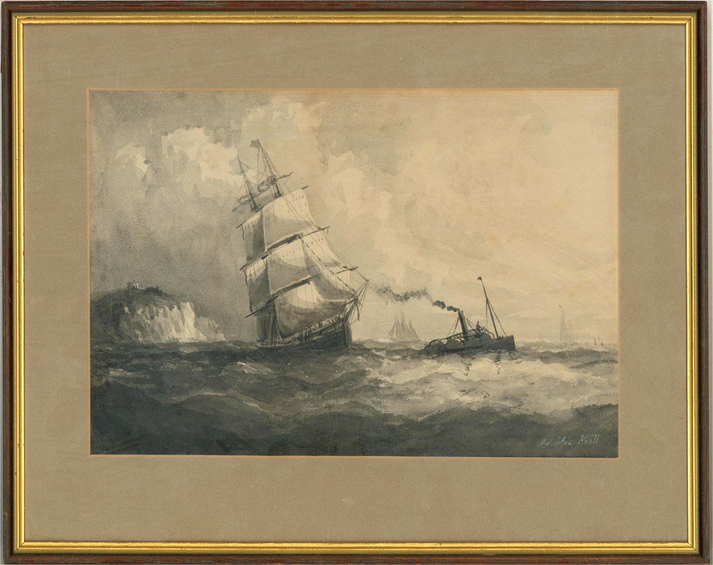 A watercolour painting en grisaille depicting a brig and tugboat on choppy waters off the coastline. Presented in a grey mount and a wooden frame with a gilt-effect inner edge. Signed to the lower-right edge. On watercolour paper.
