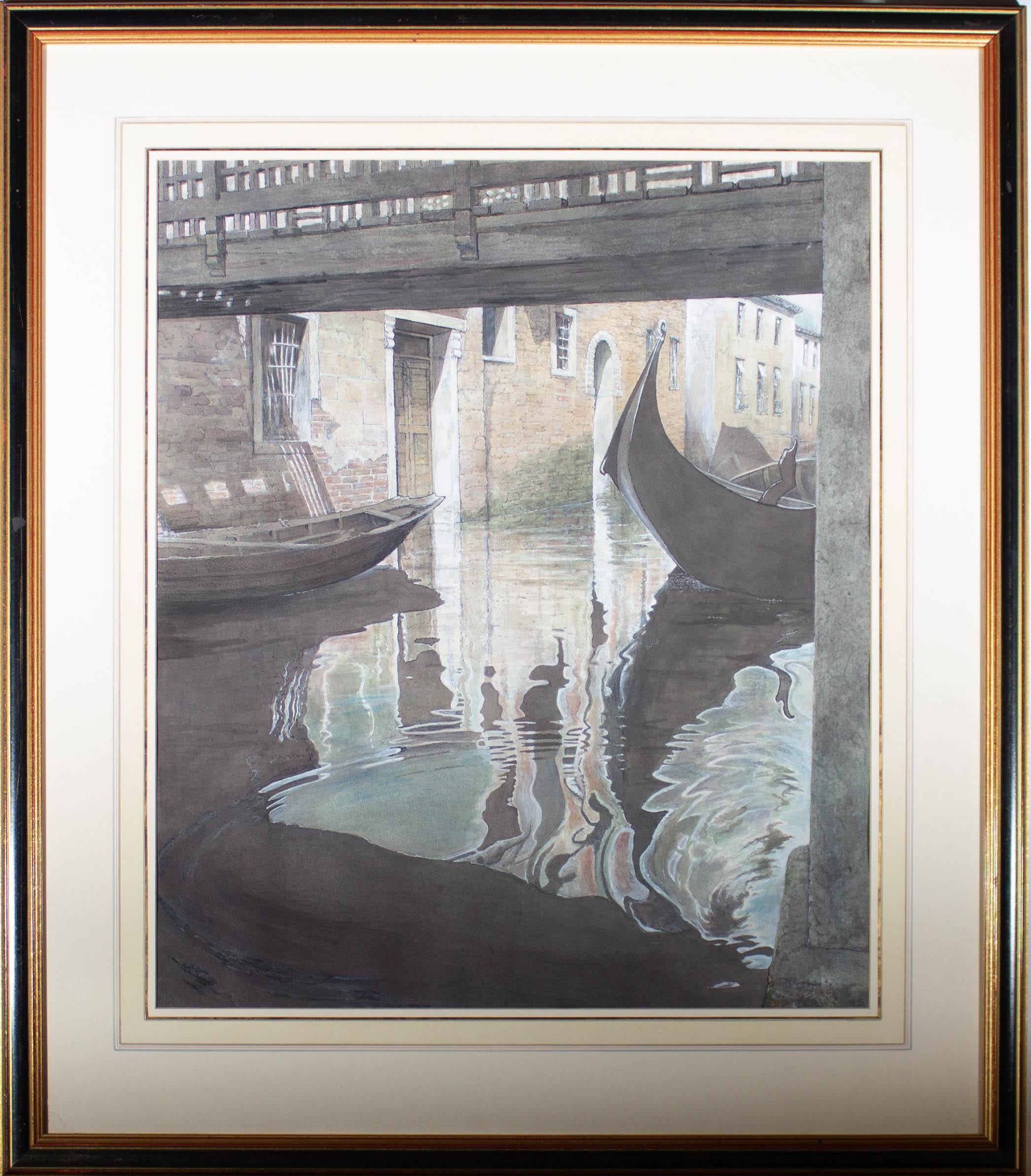 A moody and atmospheric 20th Century watercolour of good size, showing an unusual view of the back water canal of Venice. The artist focuses on the swirling water of the canal, rather than the beautiful architecture around it. The scene is filled