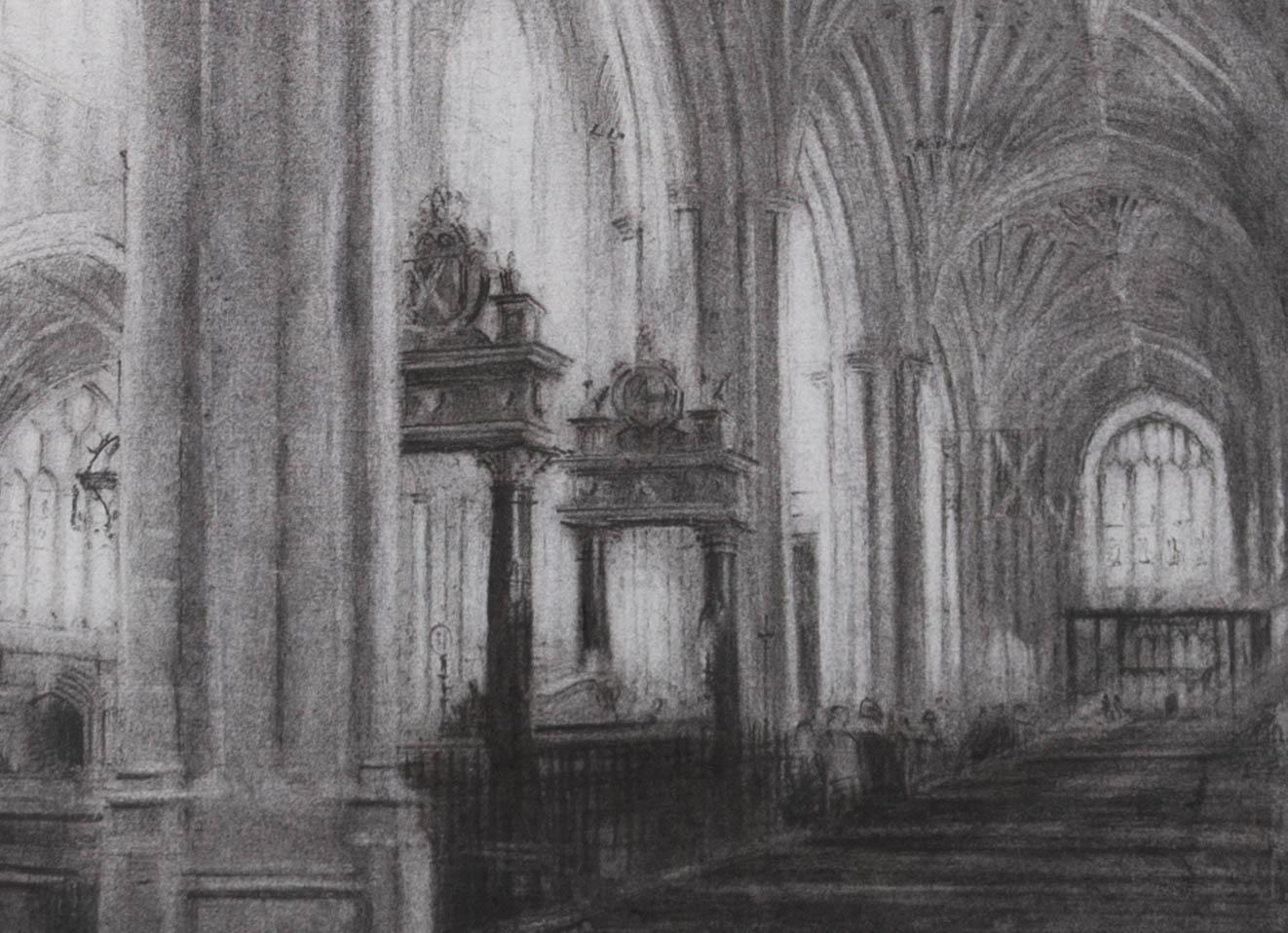 A spectacular charcoal depiction of the impressive interior of Bath abbey. The artist has captured the vaulted ceilings and darkened tombs with wonderful ease in a notoriously tricky medium to work with. The drawing has been presented in a fine