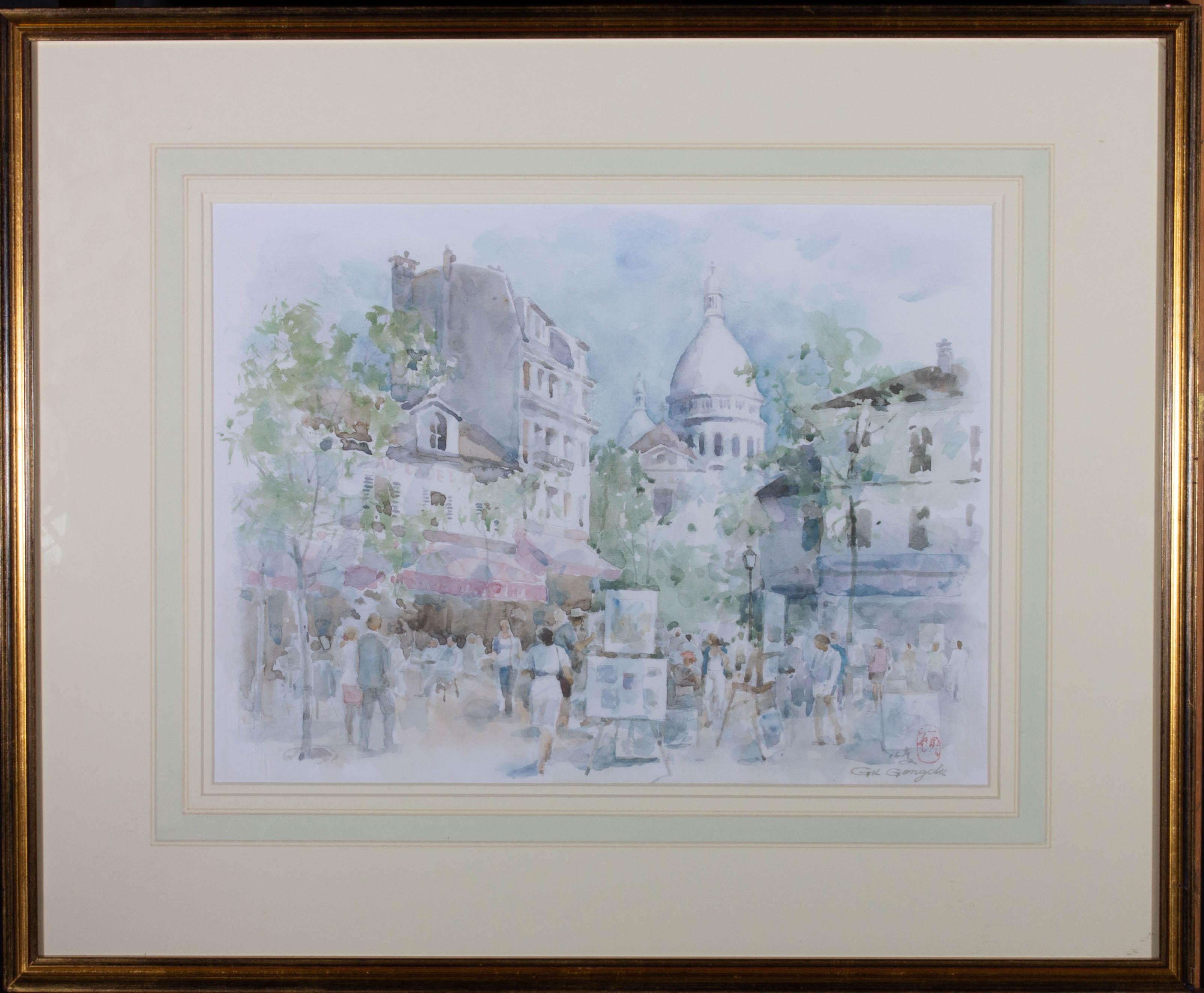 Un delicato studio ad acquerello di Montmartre - Parigi. In questo vivace quartiere artistico le persone guardano le opere d'arte in vendita e si rilassano nei caffè. La Basilica del Sacro Cuore è visibile in lontananza. Firmato e timbrato in basso