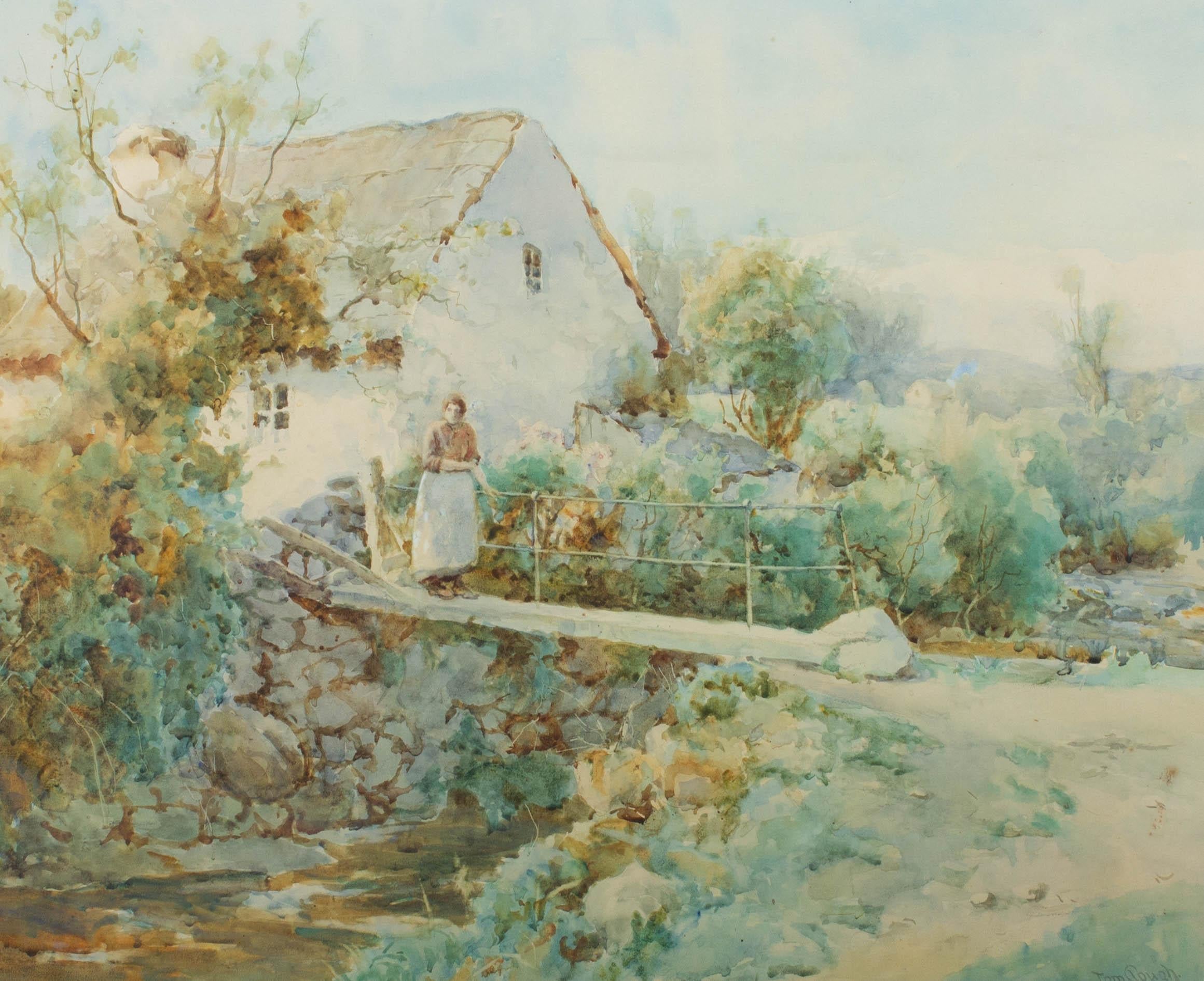 An accomplished watercolour painting by the British artist Tom Clough. The scene depicts an atmospheric view of a cottage and figure on a wooden bridge. Signed to the lower right-hand corner. Well-presented in a wash line card mount and in a