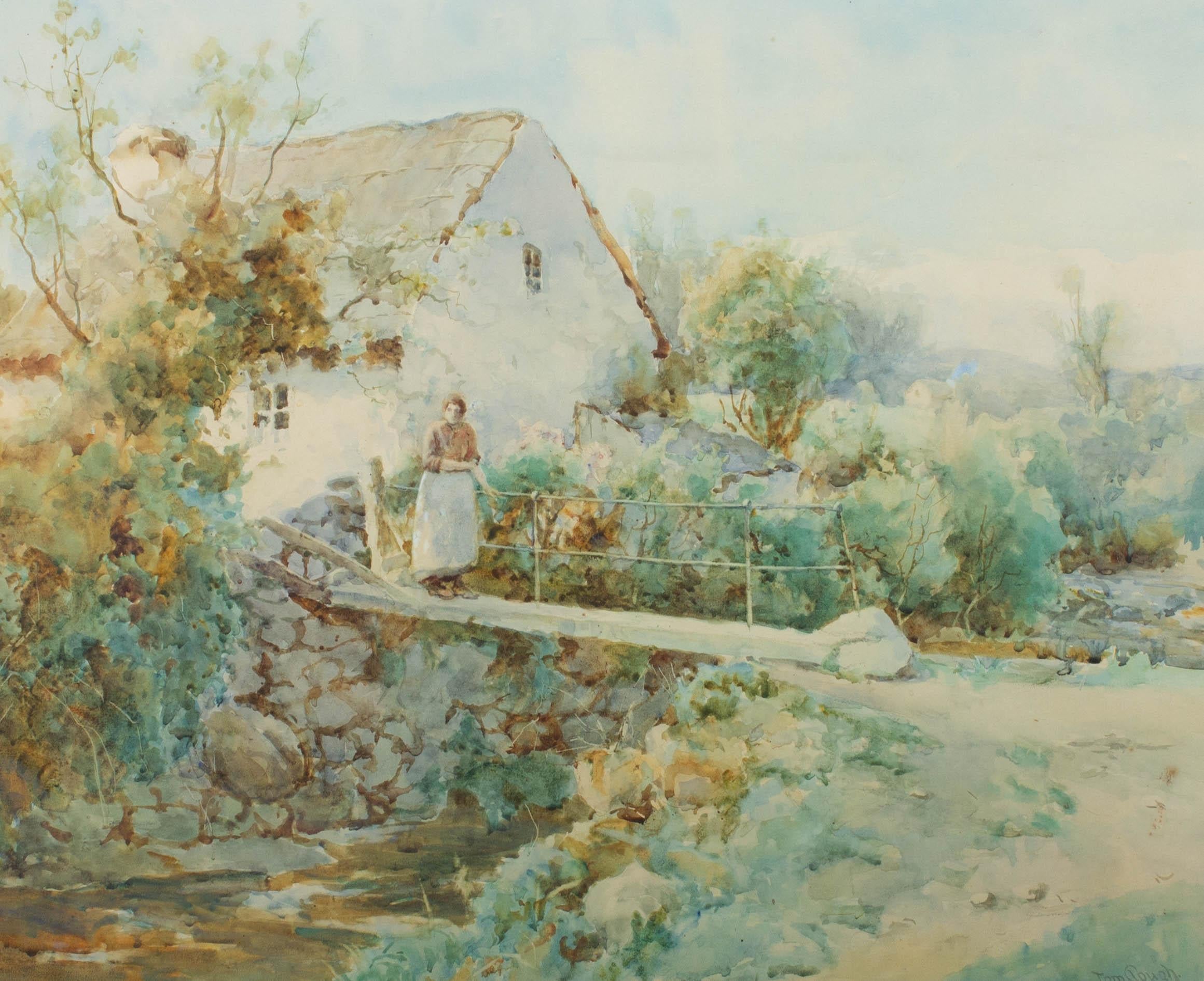 Tom Clough (1867-1943) - Aquarell, Cottage-Szene mit Figur im Angebot 1