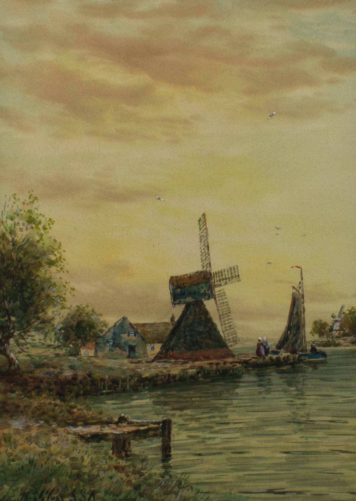 A landscape depicting a windmill on a riverbank. Presented glazed in an ornate gilt-effect frame with swept corners. Signed to the lower-left edge. On watercolour paper.
