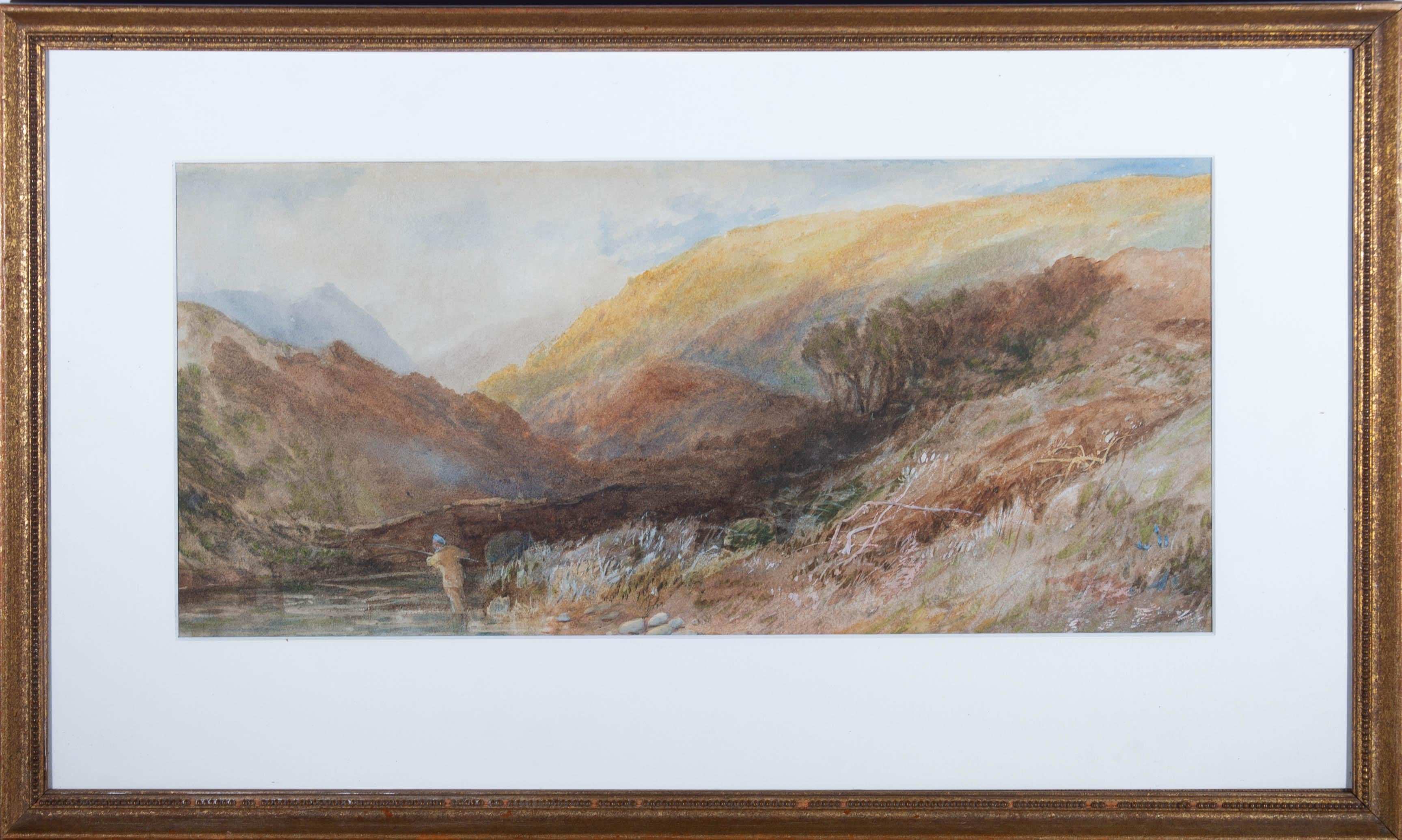 A soft and airy painting in watercolour with body colour highlights depicting a man fishing in a Scottish landscape. Presented in a white mount and a distressed gilt-effect wooden frame. Signed and dated to the lower-left edge, obscured by the