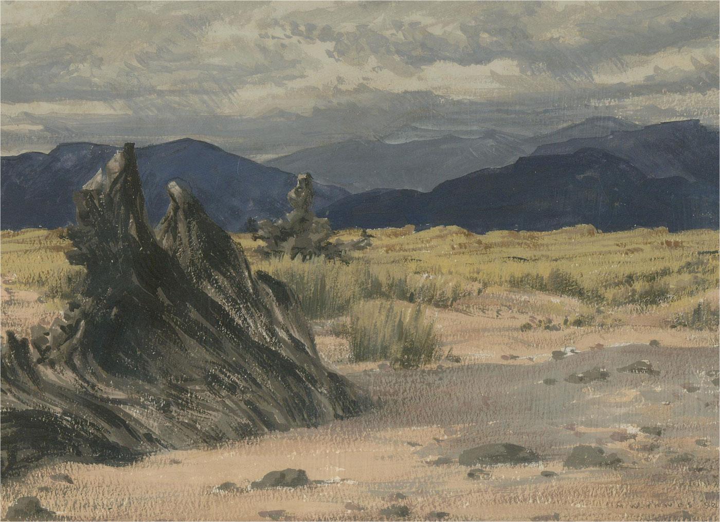 A captivating gouache painting by the British artist Meredith William Hawes, depicting a landscape scene with driftwood and mountains in the distance. Signed and dated to the lower right-hand corner. There is an exhibition label on the reverse