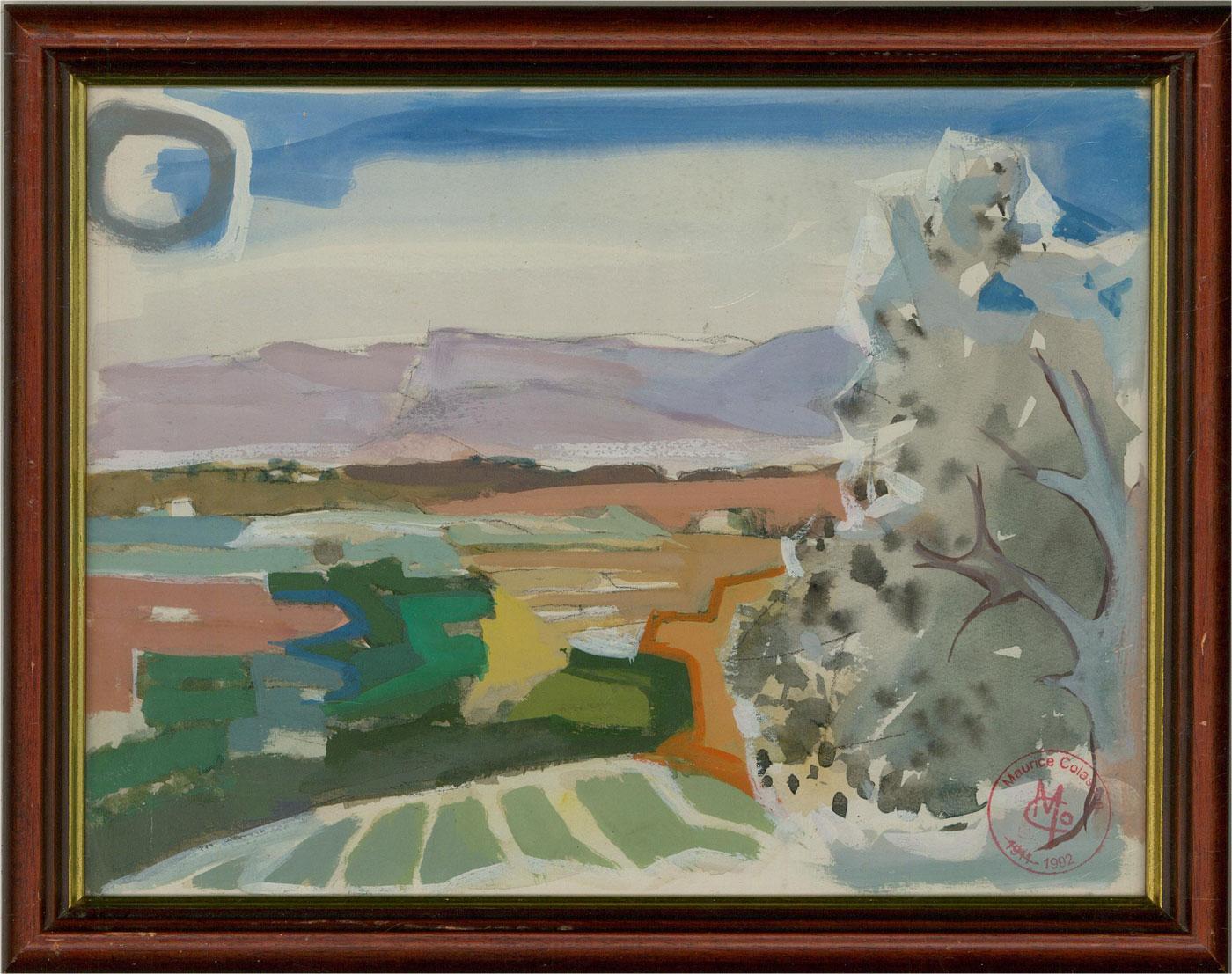An abstract elevated view across a landscape. Presented in a wooden frame with a gilt-effect inner edge. Artist's studio stamp to the lower-right corner. On watercolour paper.
