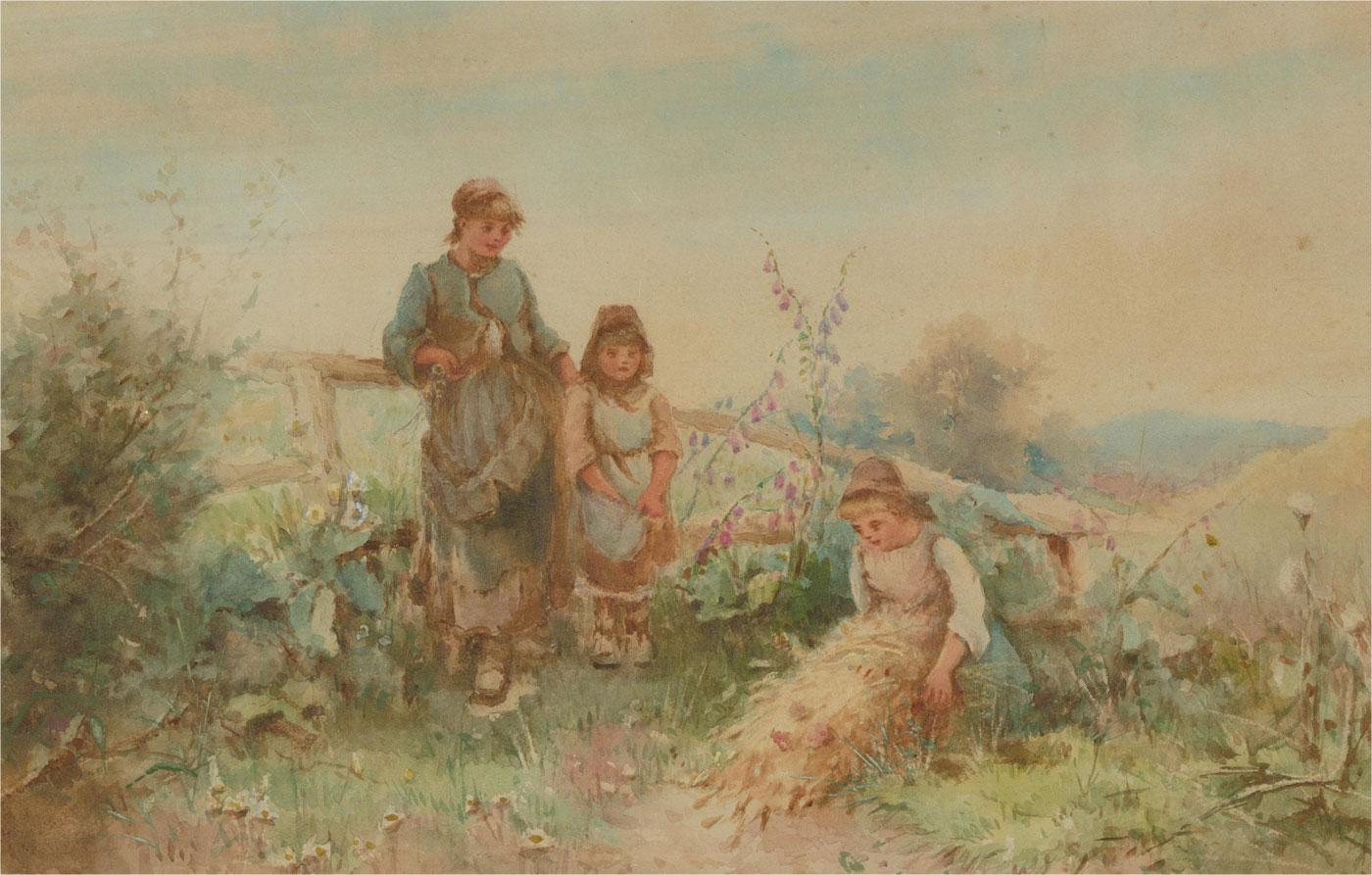 Atrib. Fanny Mearns (fl.1870-1881) - Acuarela enmarcada, Niñas en un prado en venta 1
