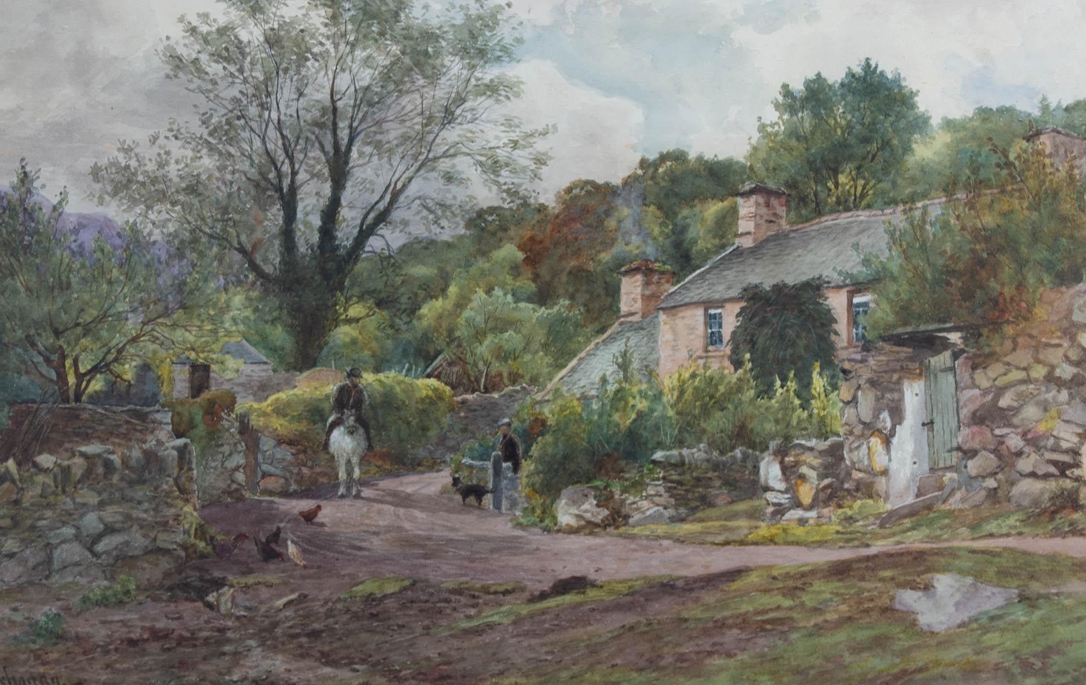 This well-executed watercolour study depicts a man on his horse stopping to talk to another man at a garden wall. In the foreground chickens wander near the dry stone walls before a cottage. Painted in fine detail, the artist has captured the