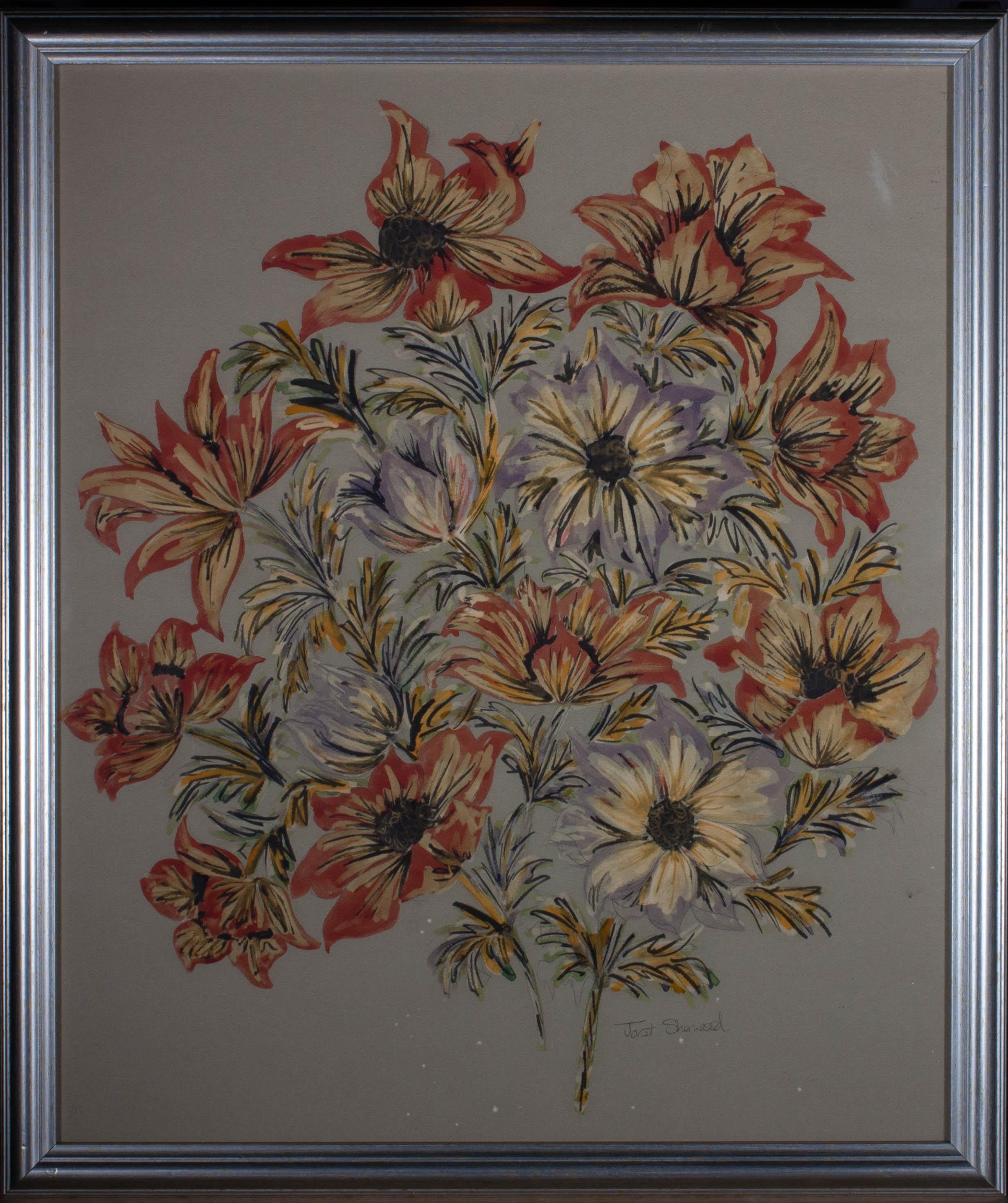 An expressive spray of watercolour flowers with graphite details. Signed to the lower right. On wove.
