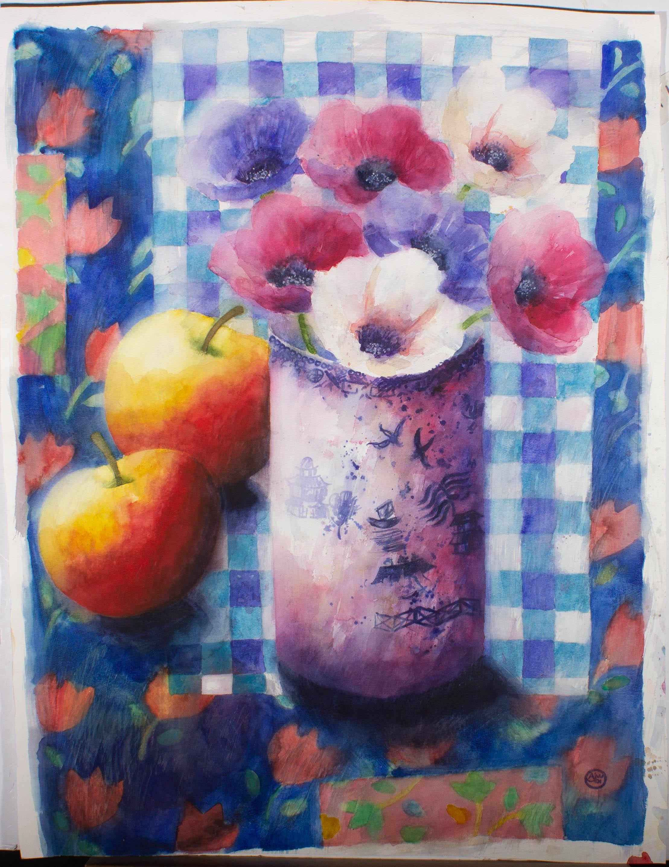 A.J.W - 2001 Watercolour, Anemones And Apples For Sale 1
