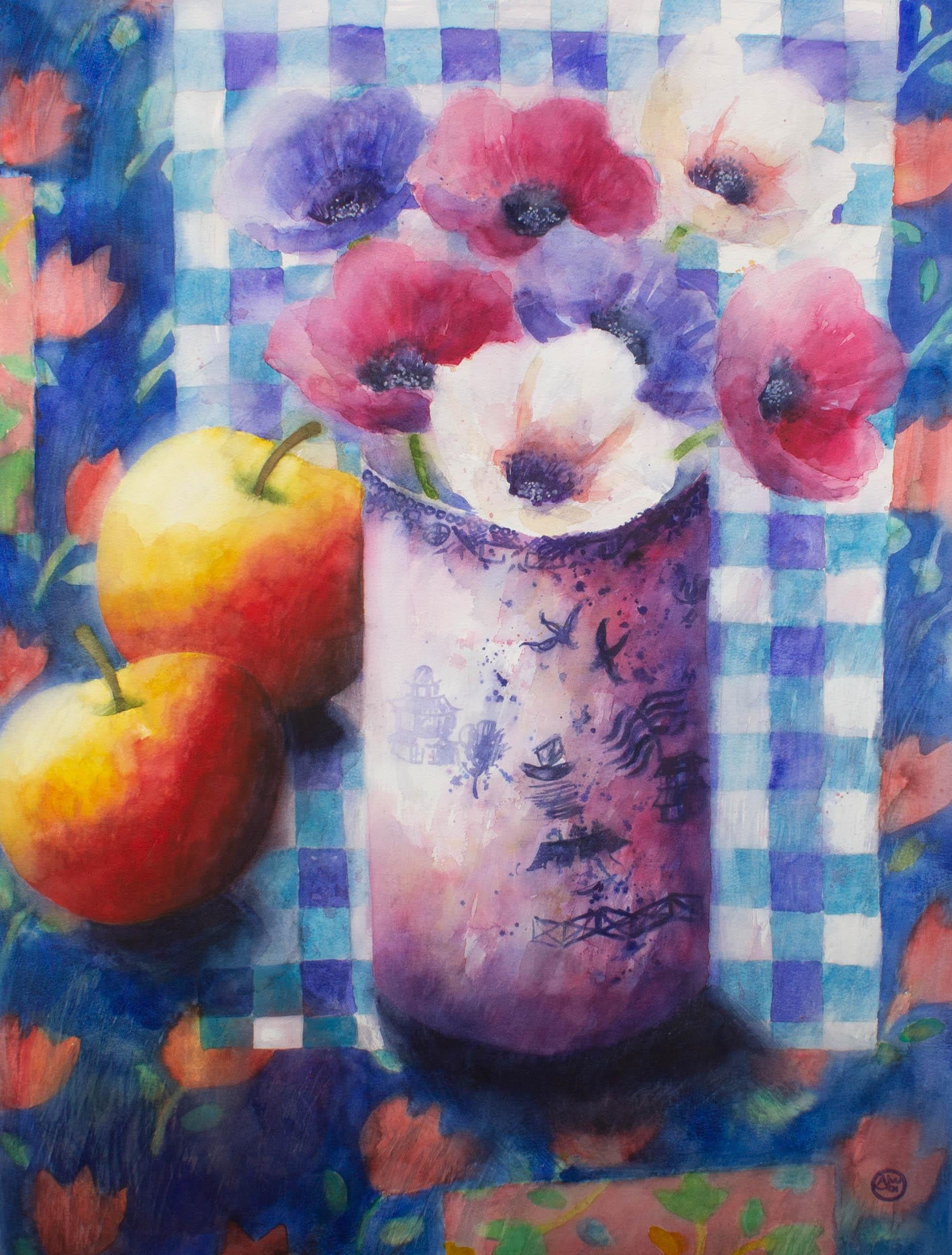 A.J.W - 2001 Watercolour, Anemones And Apples For Sale 2