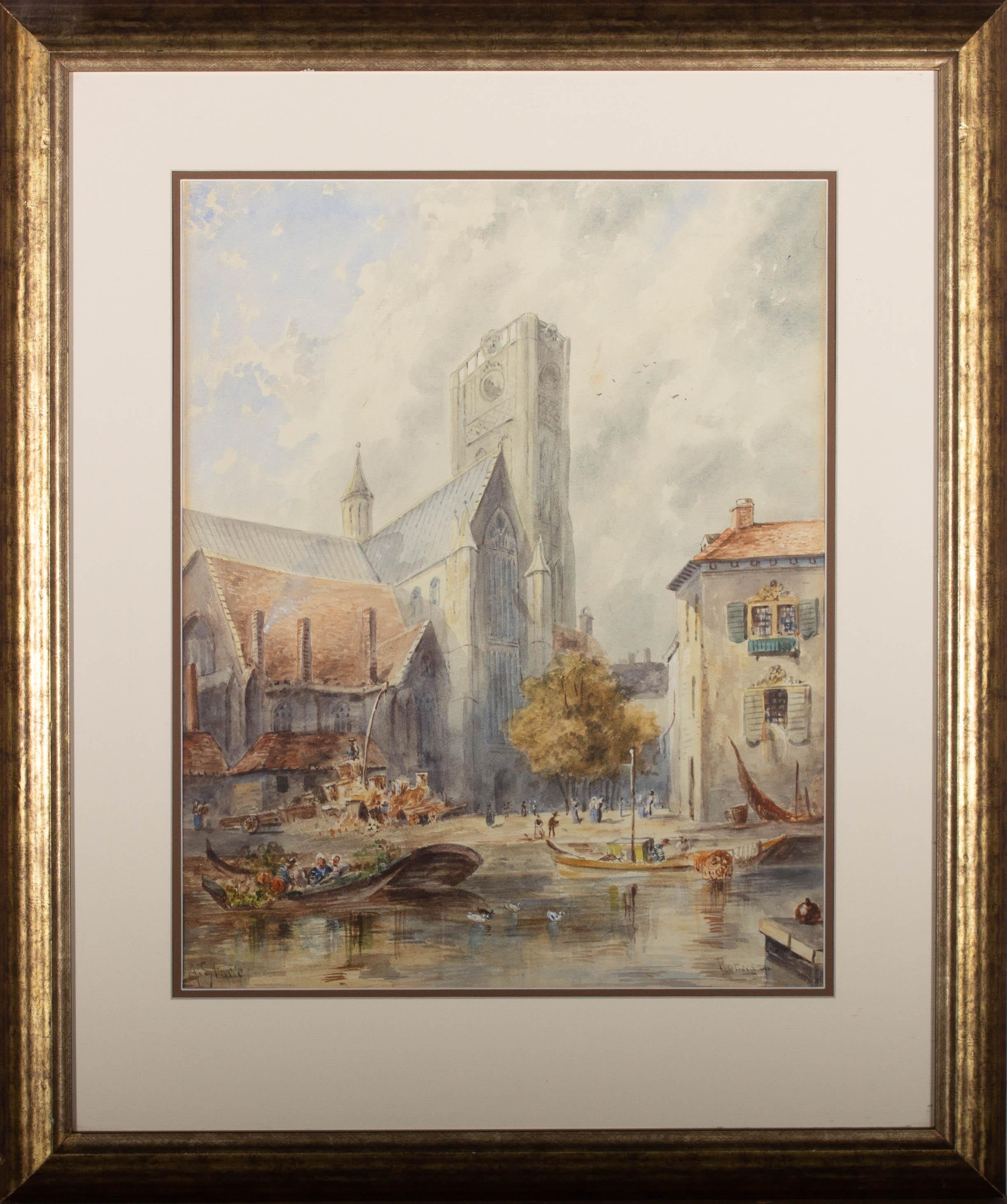A view from the water in Rotterdam including figures and boats in the foreground in the manner of Samuel Prout OWS (1783-1852). Presented glazed in a cream and beige double mount and a distressed gilt-effect wooden frame. Signed to the lower-left