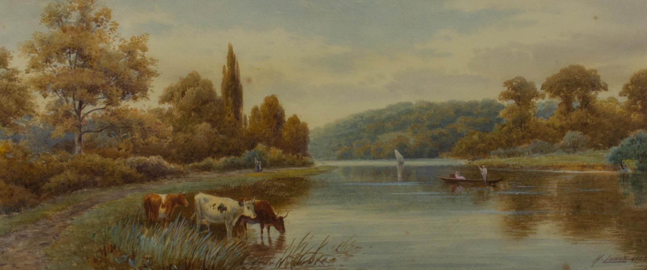 An English river scene with cows standing in the shallow water and figures punting on the water. Presented glazed in a gold card mount and a gold painted wooden frame with a bead course to the outer edge. Signed and dated to the lower-right edge. On