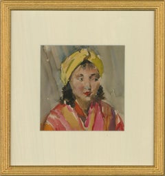 Aquarelle du XXe siècle - Portrait en bandeau de tête jaune