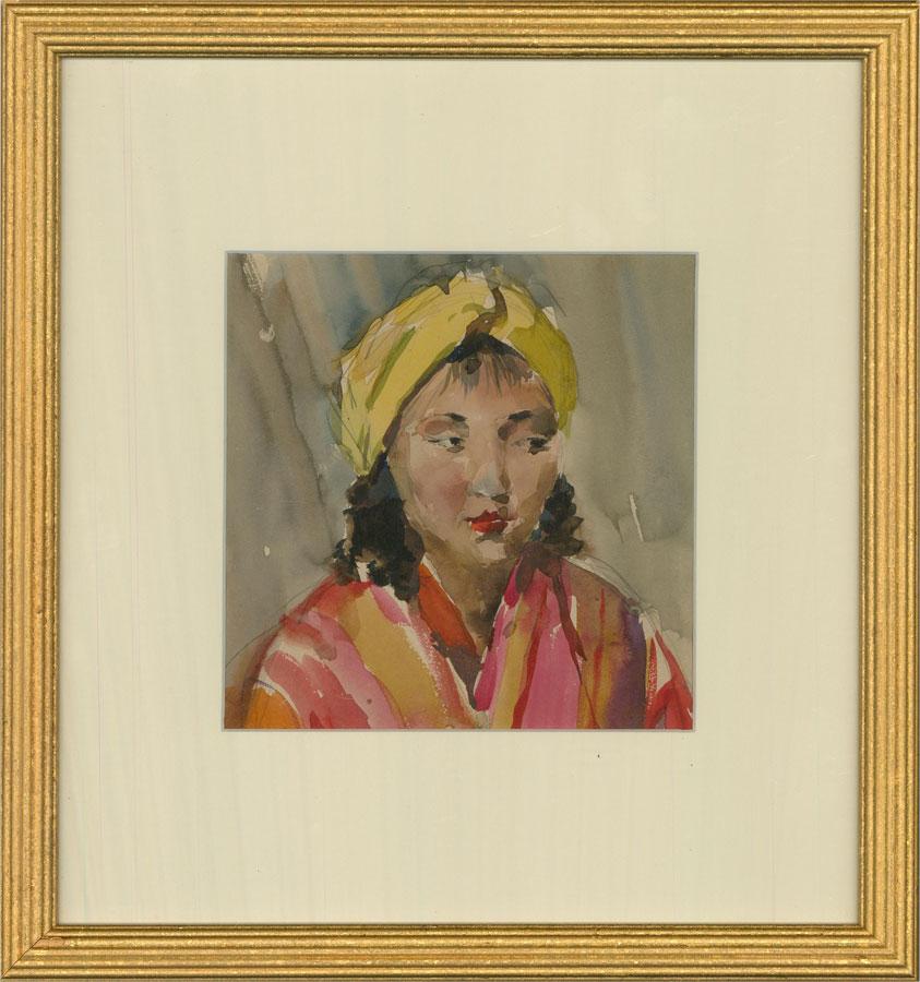 20th Century Watercolour - Portrait in Yellow Headband For Sale 2