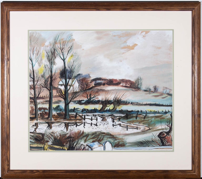 A superb mid 20th century painting by the highly acclaimed British artist Rowland Suddaby, depicting a fine winter landscape with barren trees and melting snow. The sky is filled with snow clouds painted in expressive brush strokes. Signed to the
