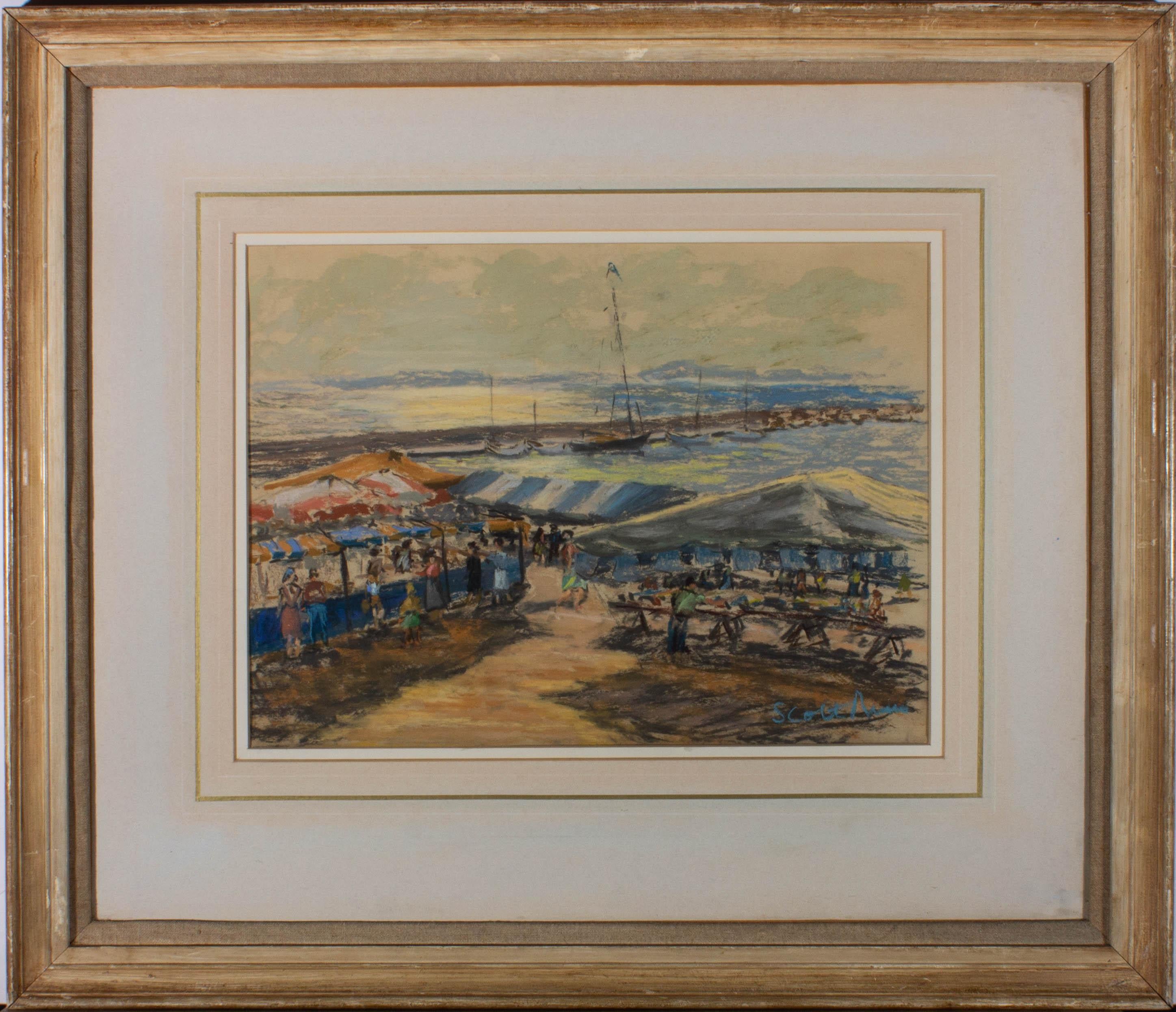 A bustling scene depicting the market at Le Lavandou, France. The seaside town is renowned for its plentiful market and beautiful beach. This pastel drawing shows market stalls set up by the boardwalk with small sailing boats in the background.