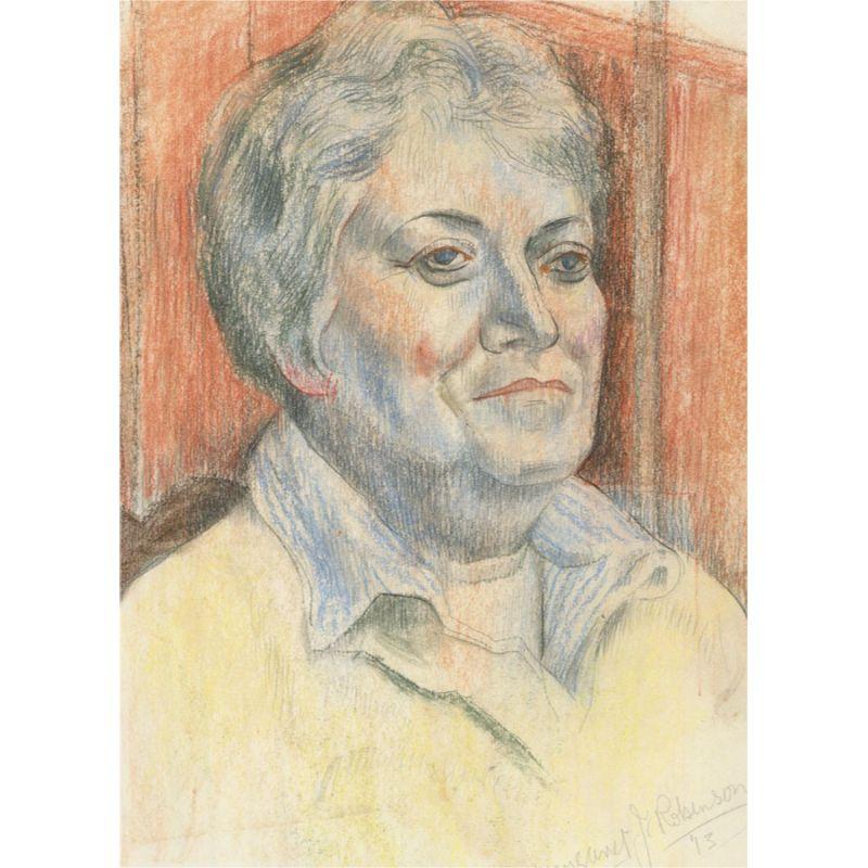 A fine self portrait by artist Margaret Robinson. Robinson's portraiture skills are demonstrated by her strong sense of line and tone in this striking piece. On wove.

