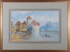 G.S. Plummer - 1874 Aquarelle, château de Chillon, lac de Genève