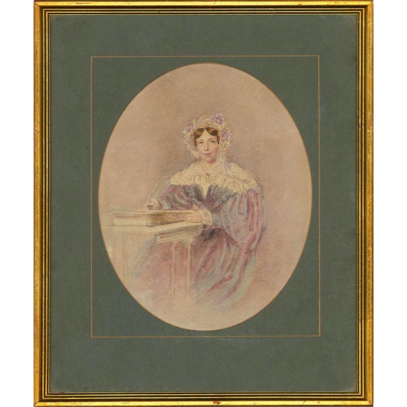Dieses bezaubernde Porträt zeigt Rebecca, die Tochter von John und Mary Davis aus London, an einem Schreibtisch, wo sie mit einem Federkiel schreibt. Ihr feines Kleid mit Spitzenverzierungen und einer eleganten Mütze spiegelt die Mode der