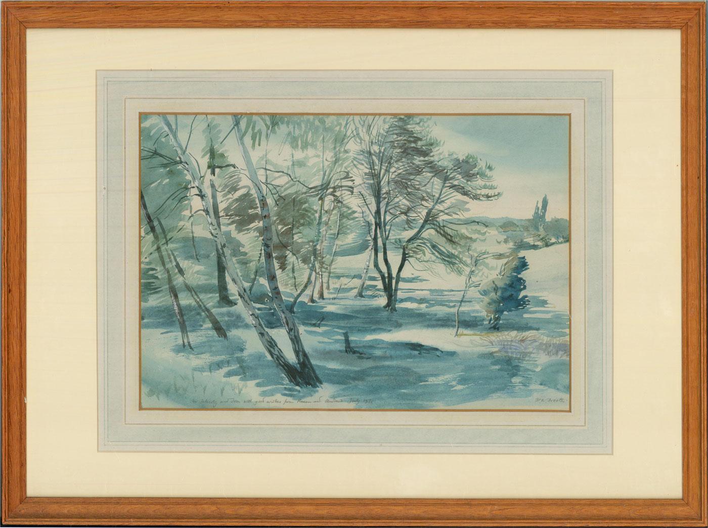Eine ländliche Szene in Aquarell mit Gouache-Details von dem bekannten britischen Künstler H. Andrew Freeth. Signiert in der unteren rechten Ecke. Am unteren Rand eingeschrieben: "Für Felicity und John mit guten Wünschen von Roseen und Andrew, Juli