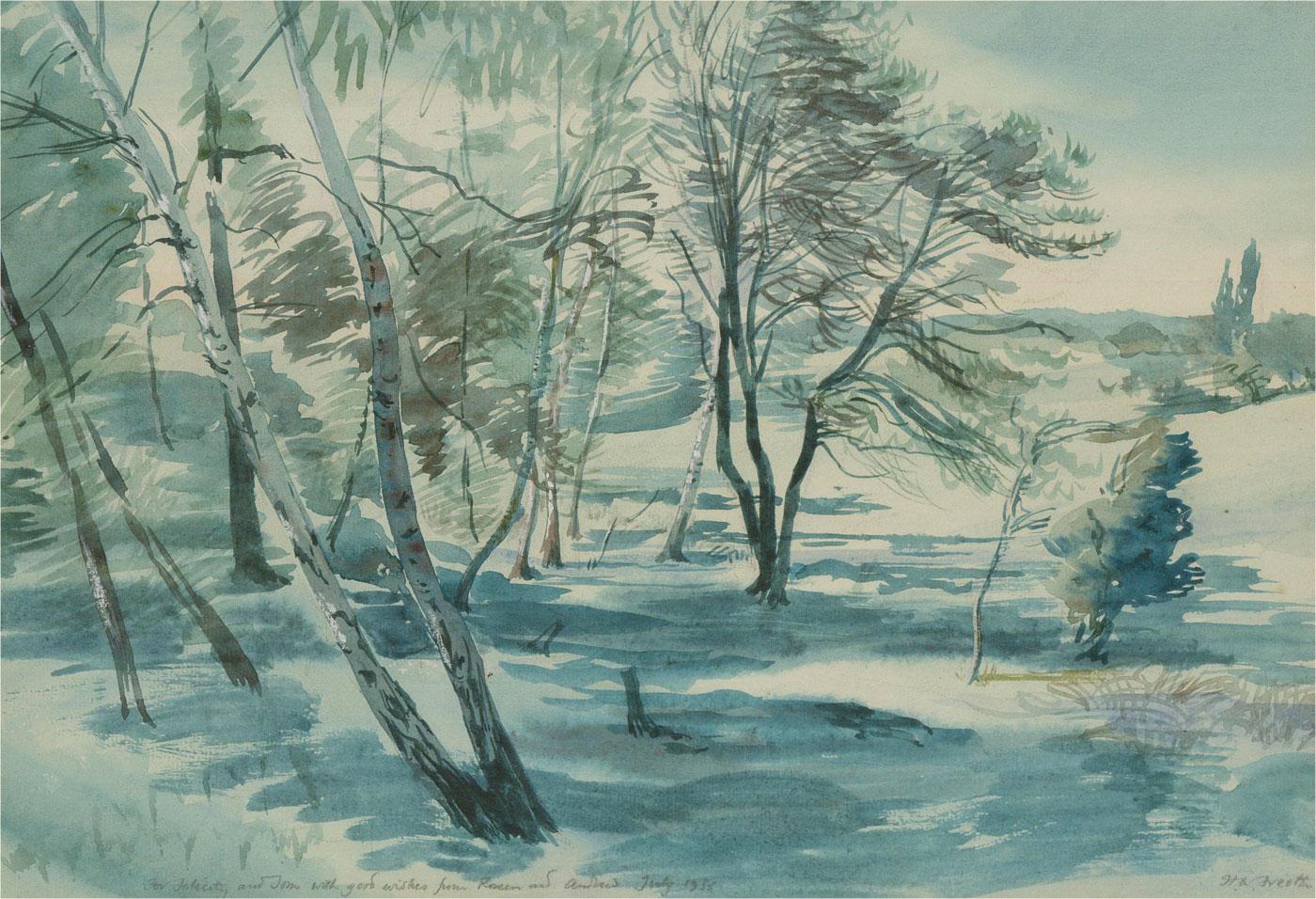 A rural scene in watercolour with gouache details by the well-listed British artist H. Andrew Freeth. Signed to the lower right-hand corner. Inscribed to the lower margin: 'For Felicity and John with good wishes from Roseen and Andrew, July 1955',