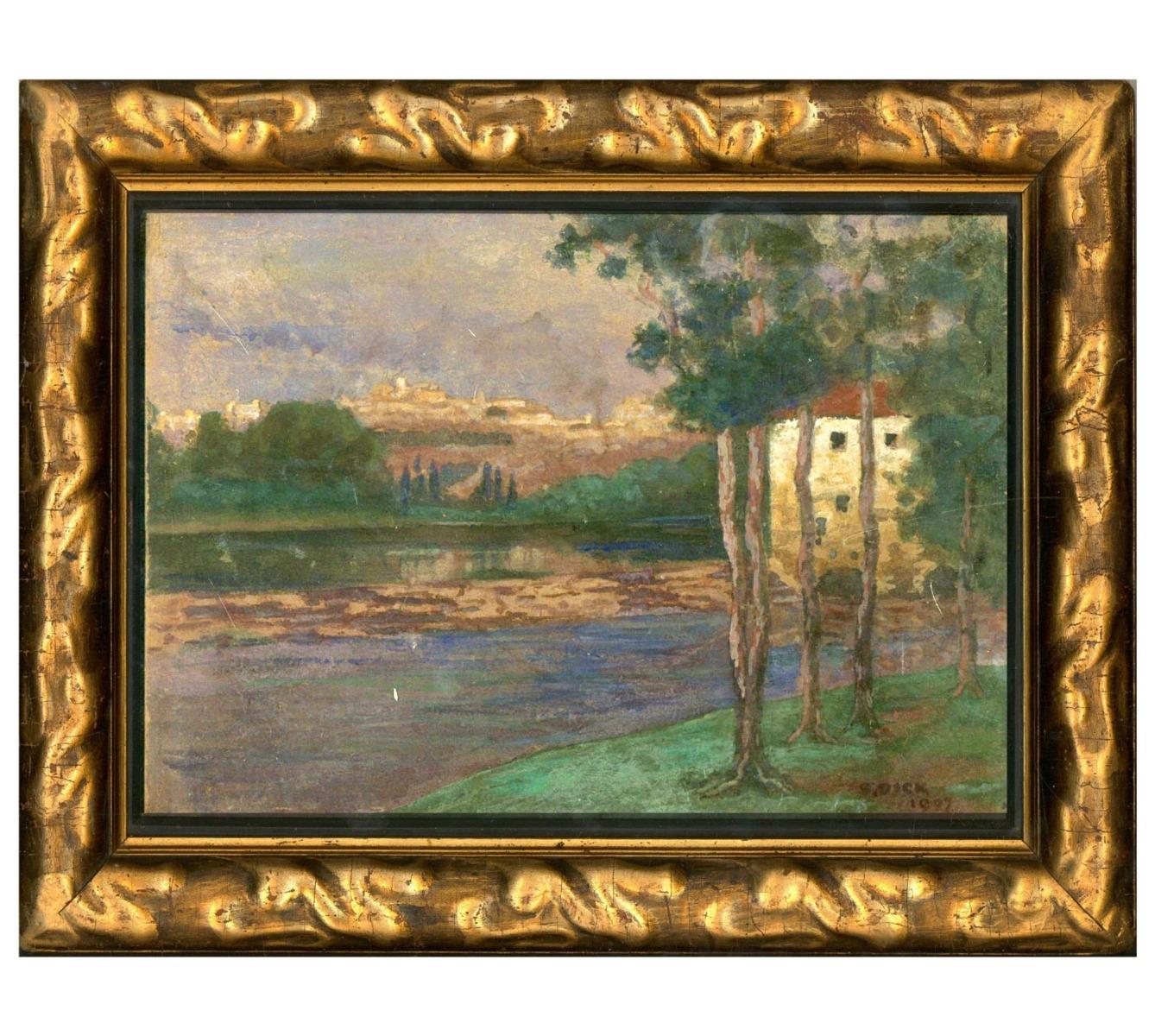 An idyllic French landscape showing a sunny view across the banks of the Seine. The artist has signed and dated to the lower left and the painting has been handsomely presented in a 20th Century gilt frame with attractive, amorphous oversize molding