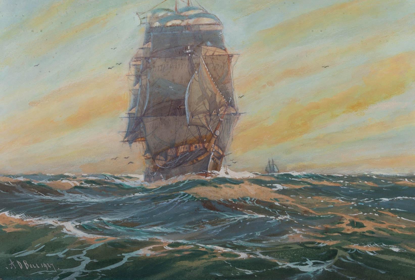 A view of a clipper at sea under full sail. Presented in a pale blue mount and a distressed gilt-effect wooden frame with an ornate outer edge. Signed and dated to the lower-left edge. On watercolour paper.

