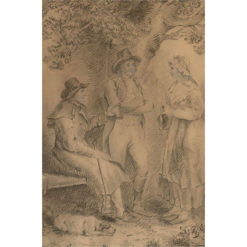A fine early 19th century charcoal drawing with graphite by W. Johnston. The scene depicts three figures in conversation under a tree, with a resting dog. Signed and dated to the left-hand margin, underneath the mount. Well-presented in a white card