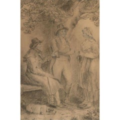 Antique W. Johnston - 1815 Charcoal Drawing, Three Figures in Conversation