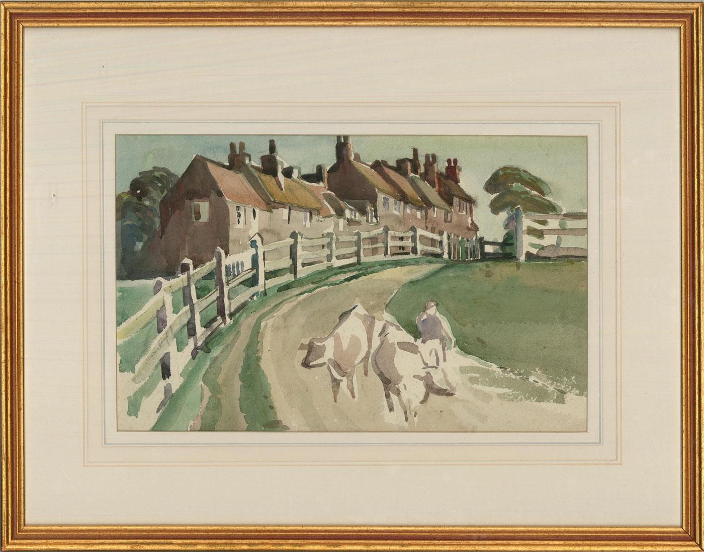A delightful country scene depicting a farmer and cows making their way down a country road. In the background a row of houses stands against a clear blue sky. Tuck simplifies his shapes in this piece, using tone to add depth and detail to the