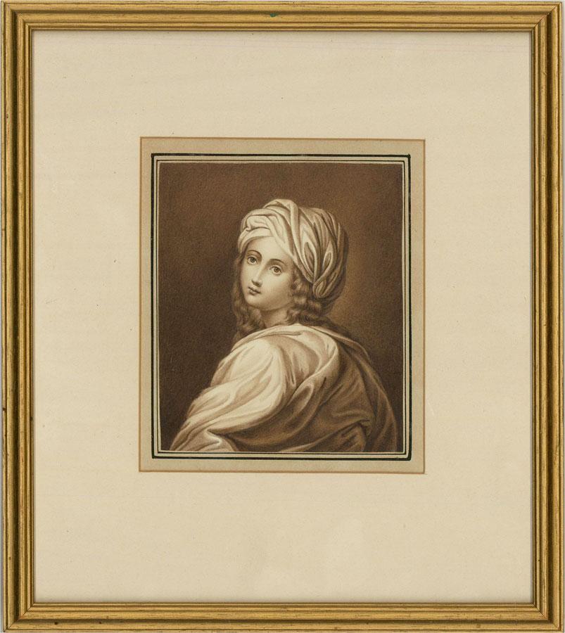 A delicate and finely executed copy of the original portrait by Guido Reni. The artist has rendered the sitter in the style of of the early 19th Century, with cherubic features and a fuller face than the original. The painting is unsigned and