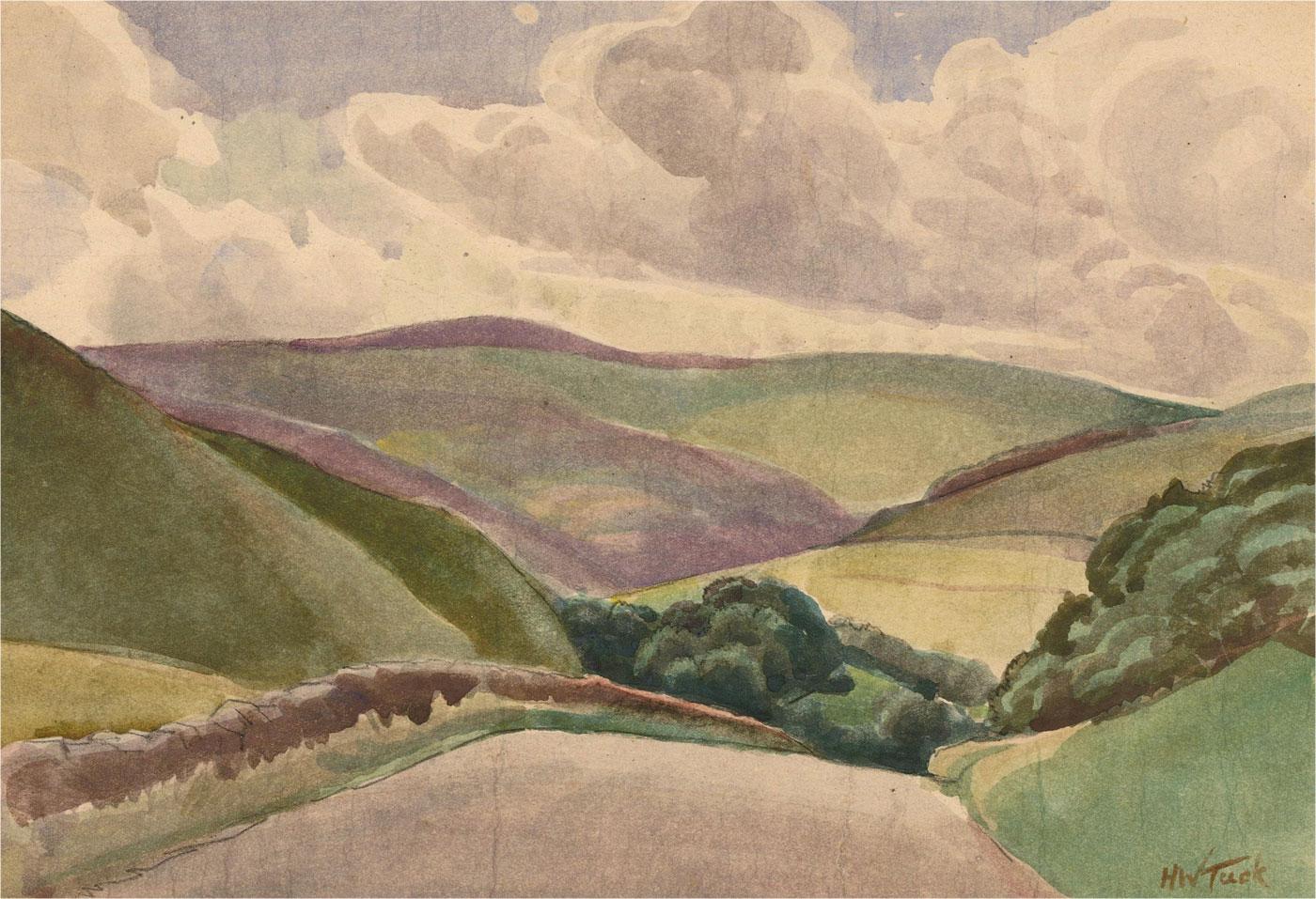 A charming landscape scene of rural Mid-Wales depicting the rolling hills against a cloudy sky. Signed to the lower right. On wove laid to card .
