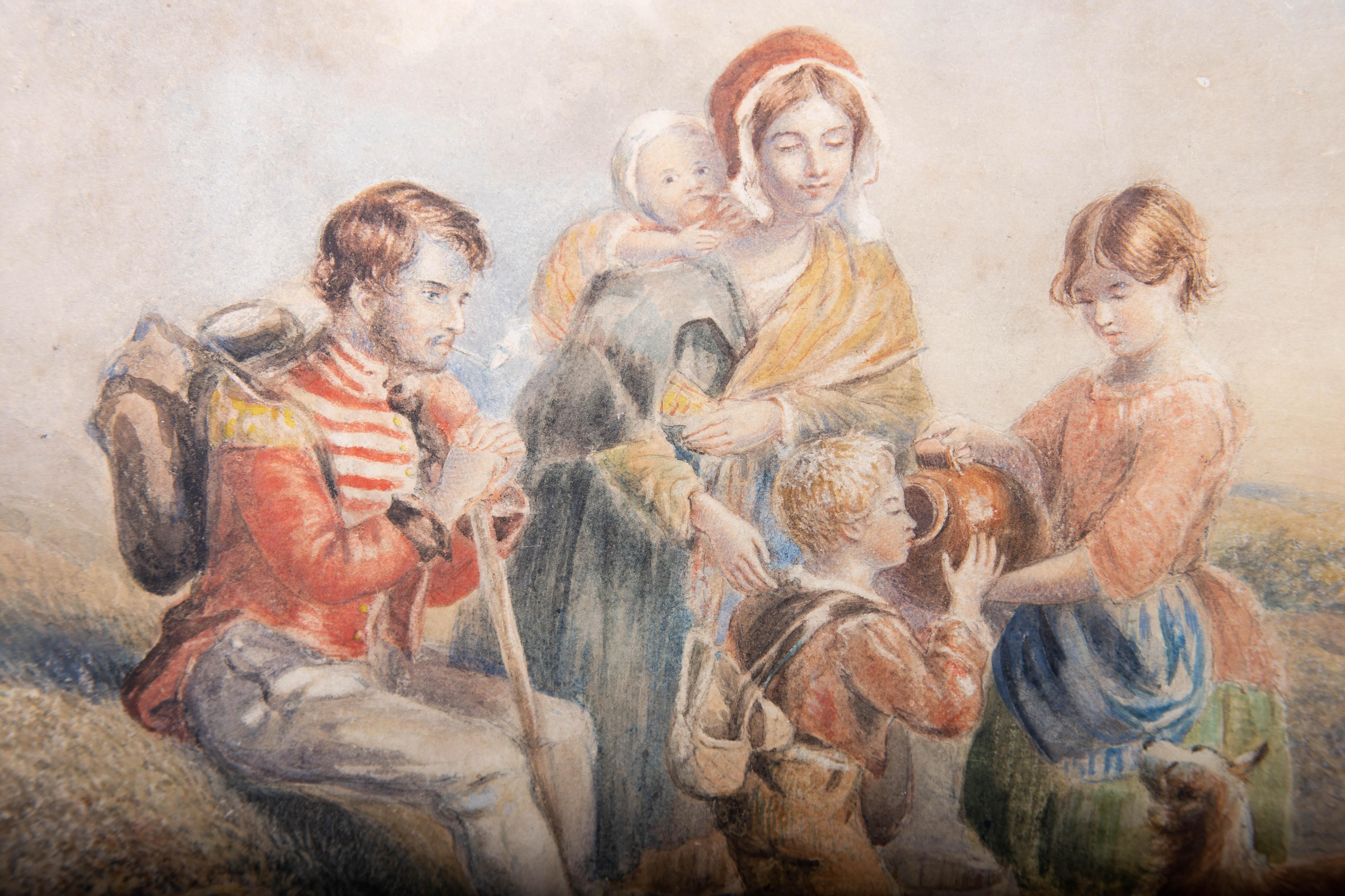 A view of a family pausing on their travels to take a drink of water. Presented in a white mount with gold detailing and a distressed gilt-effect wooden frame. Monogrammed to the lower-right corner. On watercolour paper.
